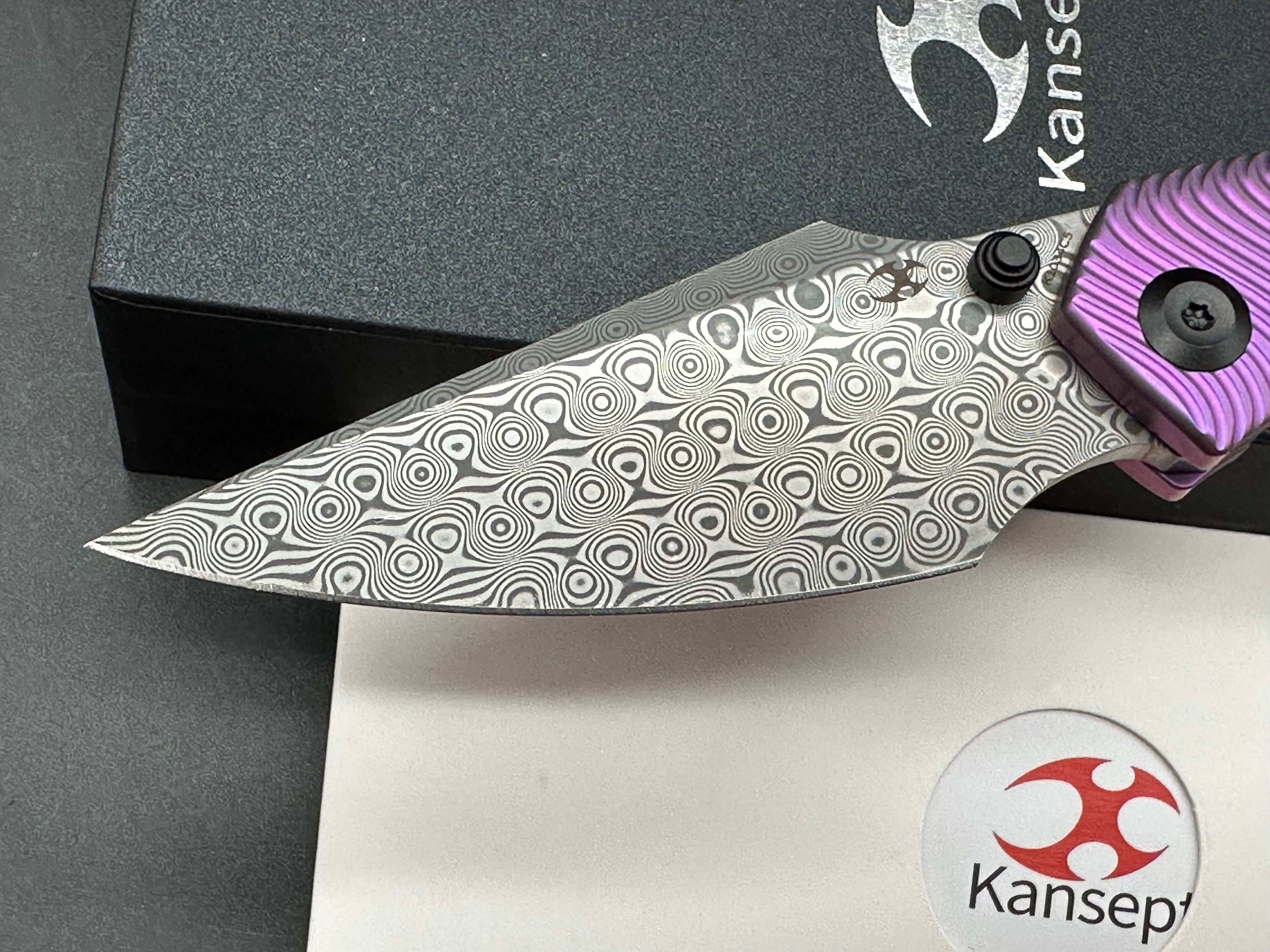 KANSEPT FENRIR PURPLE ANODIZED TITANIUM MICRO MILLED WATER RIPPLE HANDLE (3.48'' DAMASCUS BLADE)