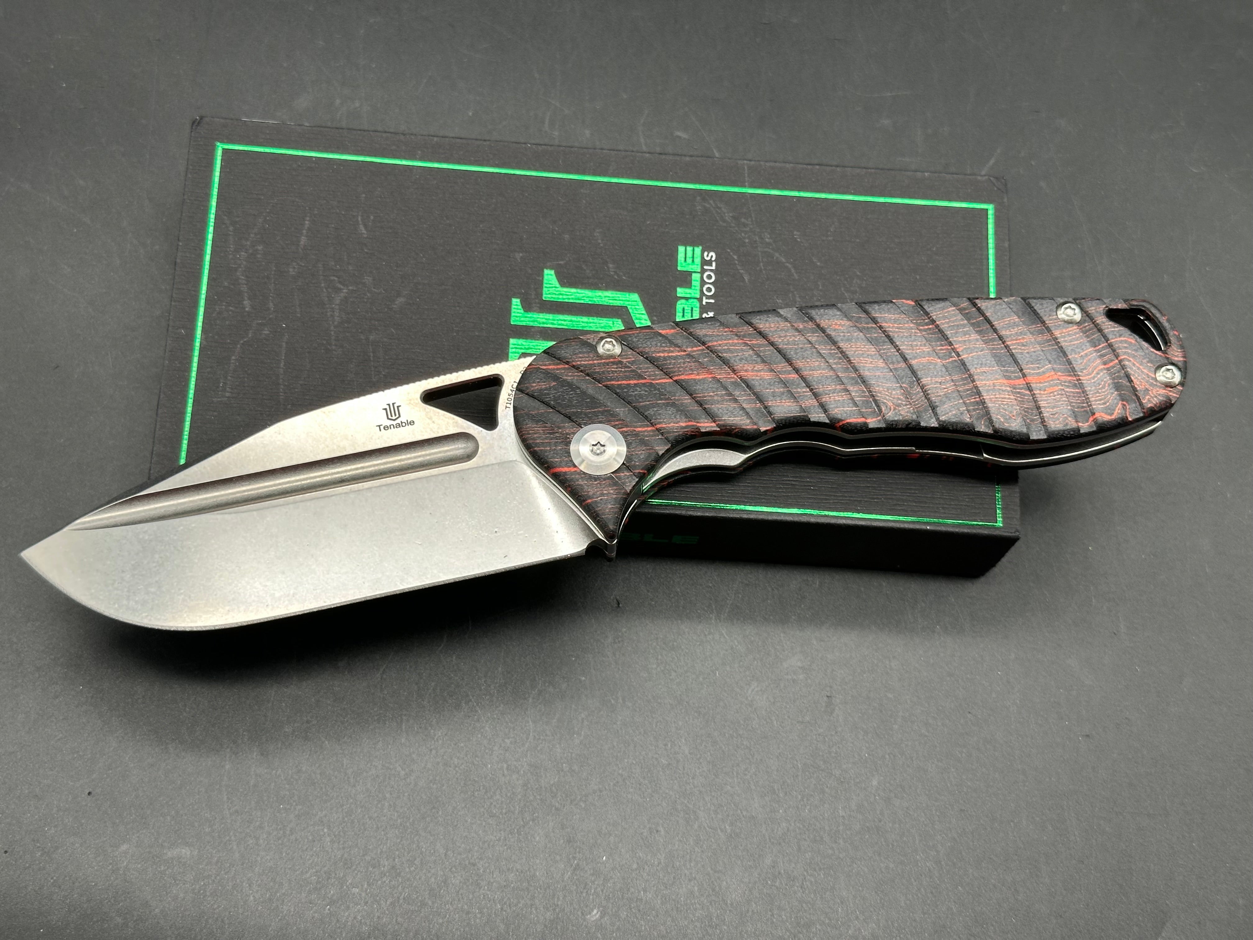 Tenable Bömbur Folding Knife Black and Red G-mascus Handle (3.53'' Stonewashed D2 Blade)