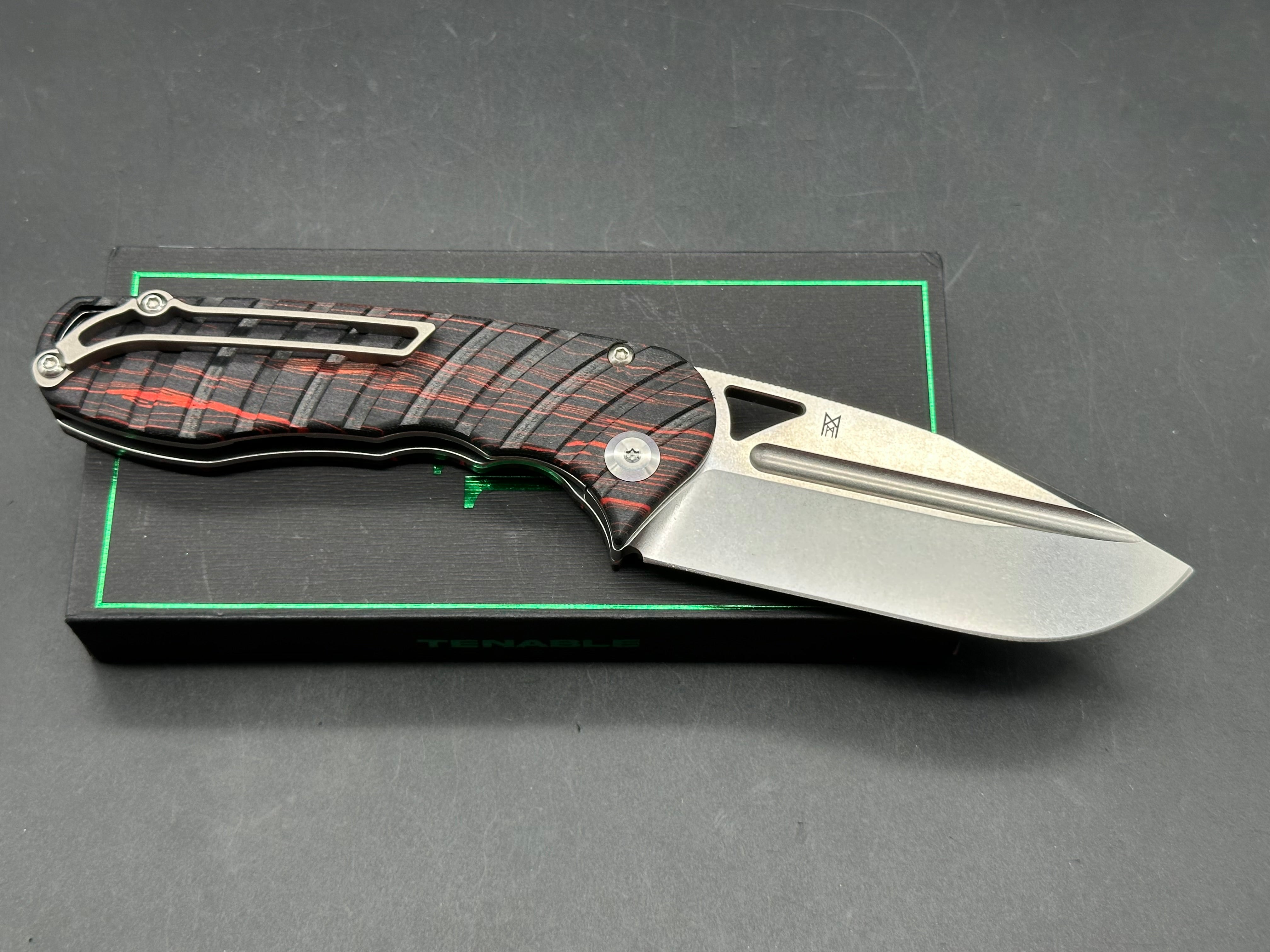 Tenable Bömbur Folding Knife Black and Red G-mascus Handle (3.53'' Stonewashed D2 Blade)