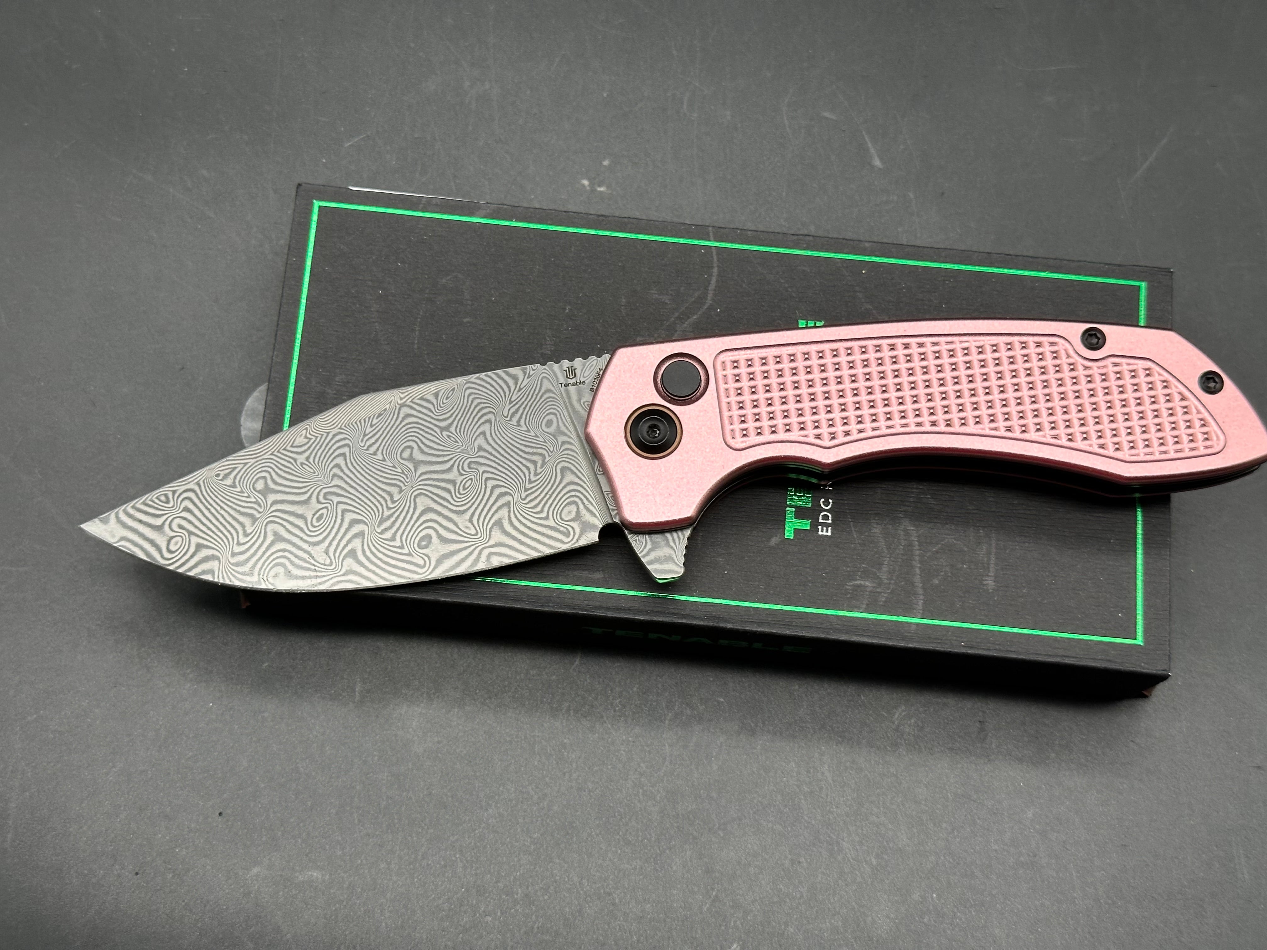 Entity Button Lock Flipper Knife - 3.52'' Water Ripple Damascus Blade| Rose Gold Aluminum Handle