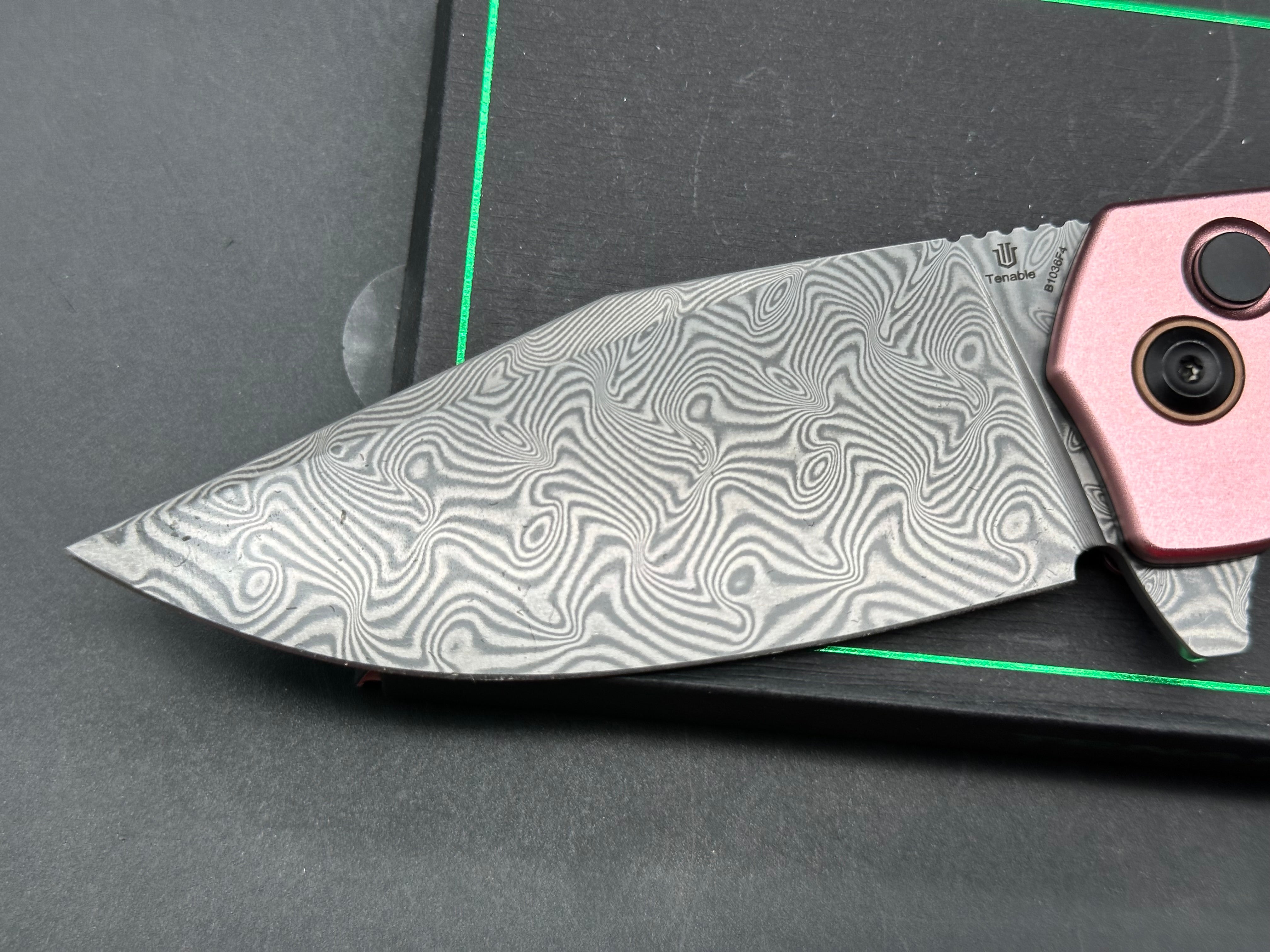 Entity Button Lock Flipper Knife - 3.52'' Water Ripple Damascus Blade| Rose Gold Aluminum Handle