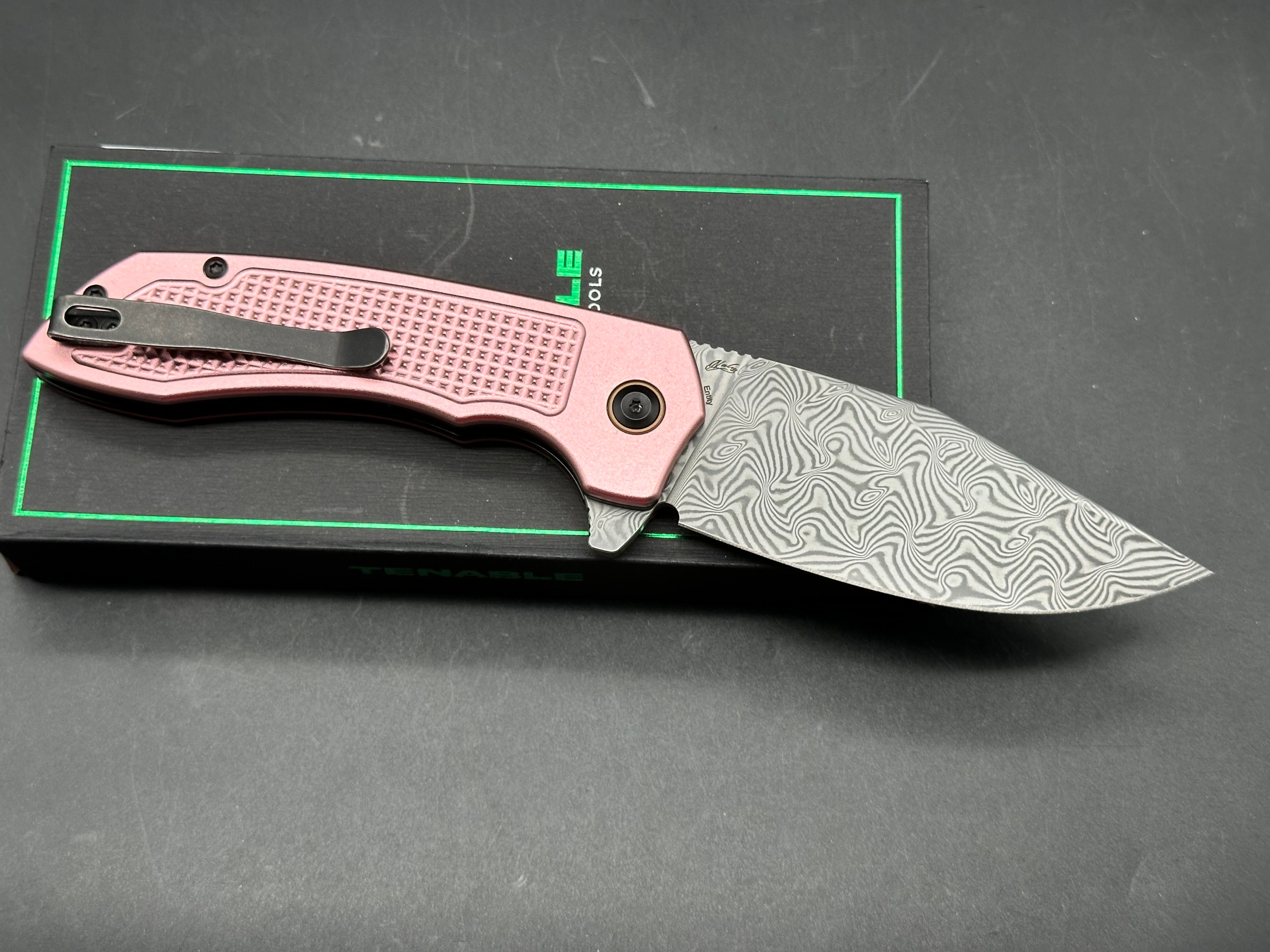 Entity Button Lock Flipper Knife - 3.52'' Water Ripple Damascus Blade| Rose Gold Aluminum Handle