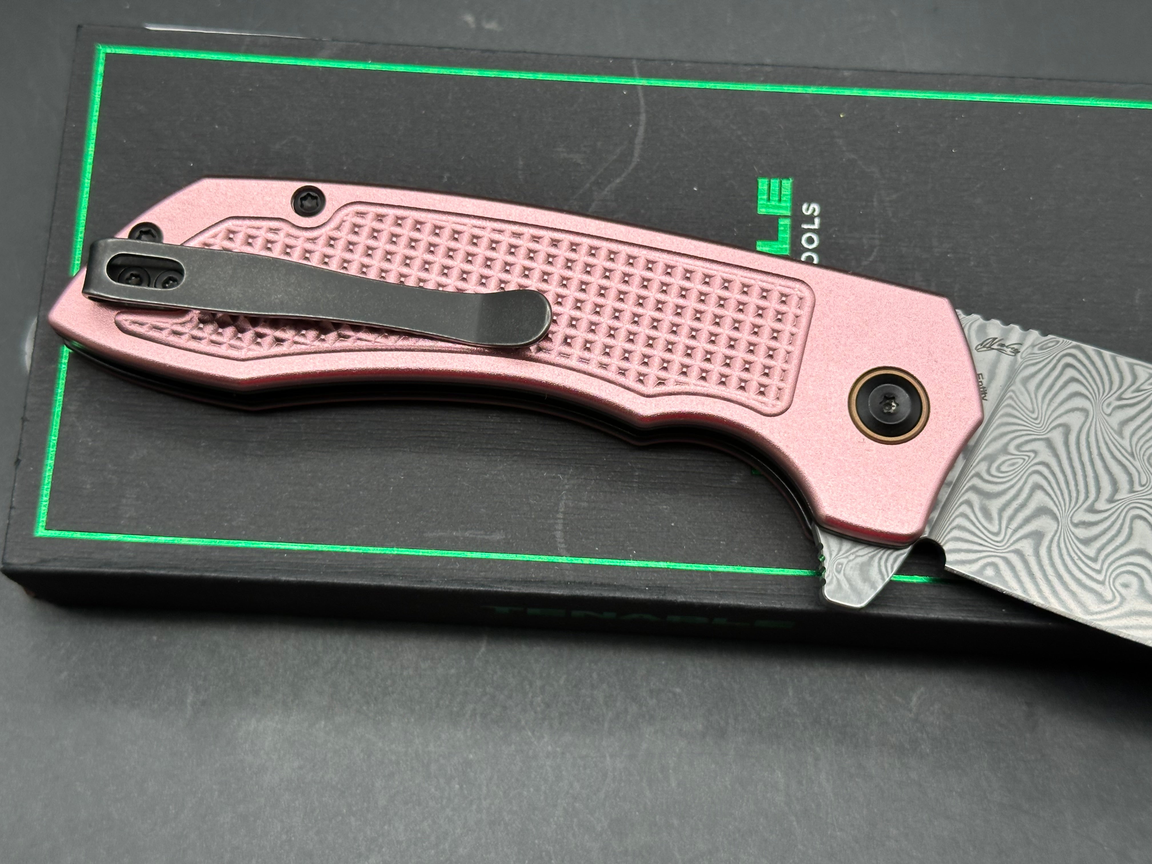 Entity Button Lock Flipper Knife - 3.52'' Water Ripple Damascus Blade| Rose Gold Aluminum Handle