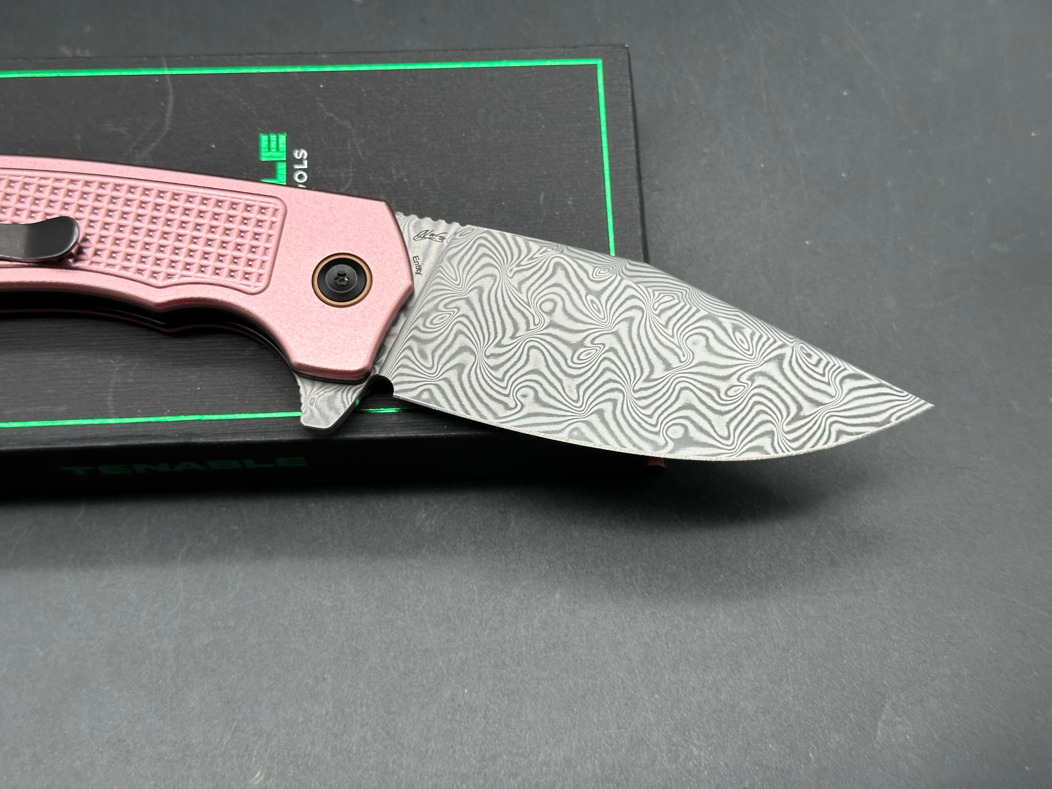 Entity Button Lock Flipper Knife - 3.52'' Water Ripple Damascus Blade| Rose Gold Aluminum Handle