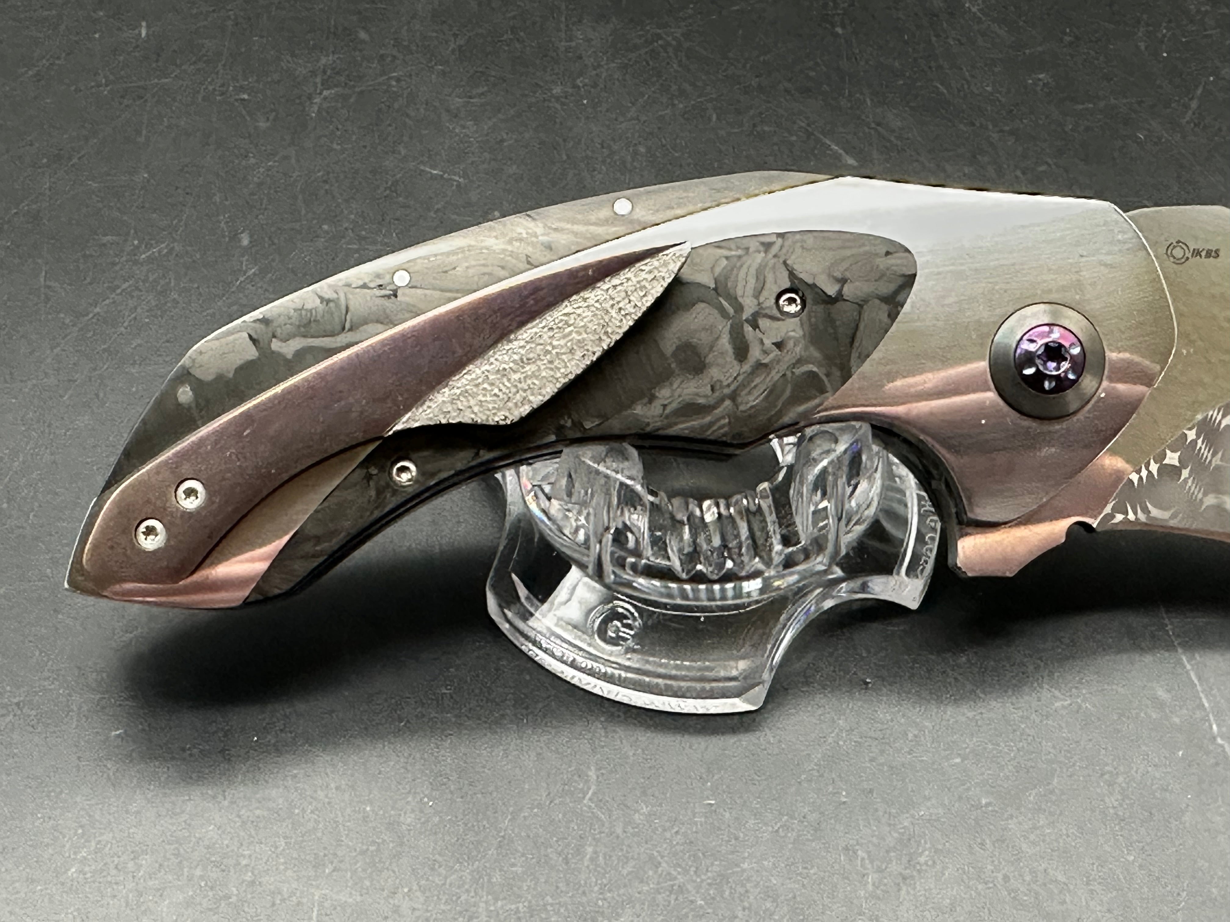 JD Vandeventer Sympatico: 3.75 inch Damascus blade with mirror polished flats. Handle with mirror polished titanium scales