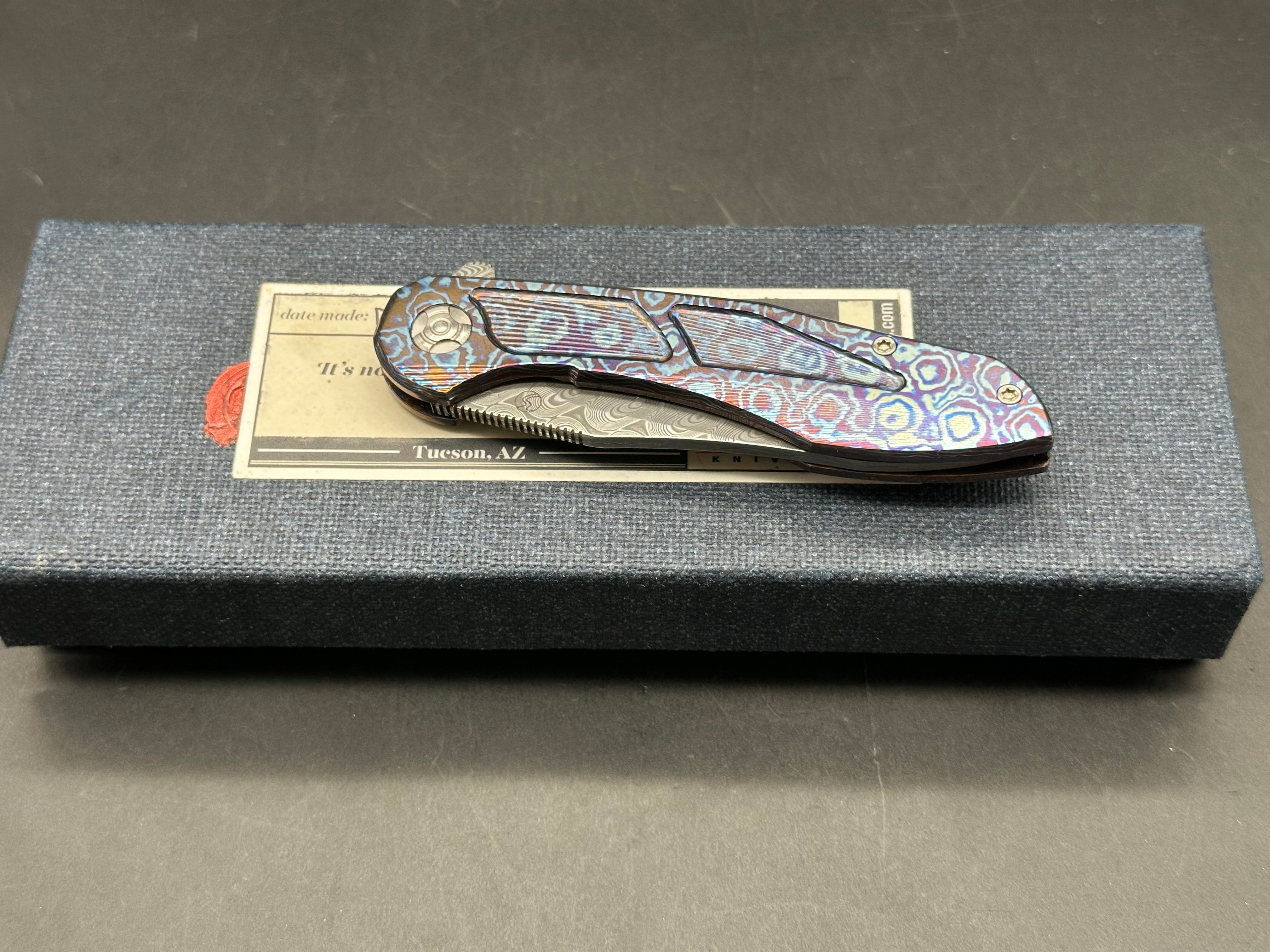Brad Southard Mini Tolk Full Dress: 3.25 inch USA Damasteel blade. Mokuti scales with matching Mokuti backspacer and clip