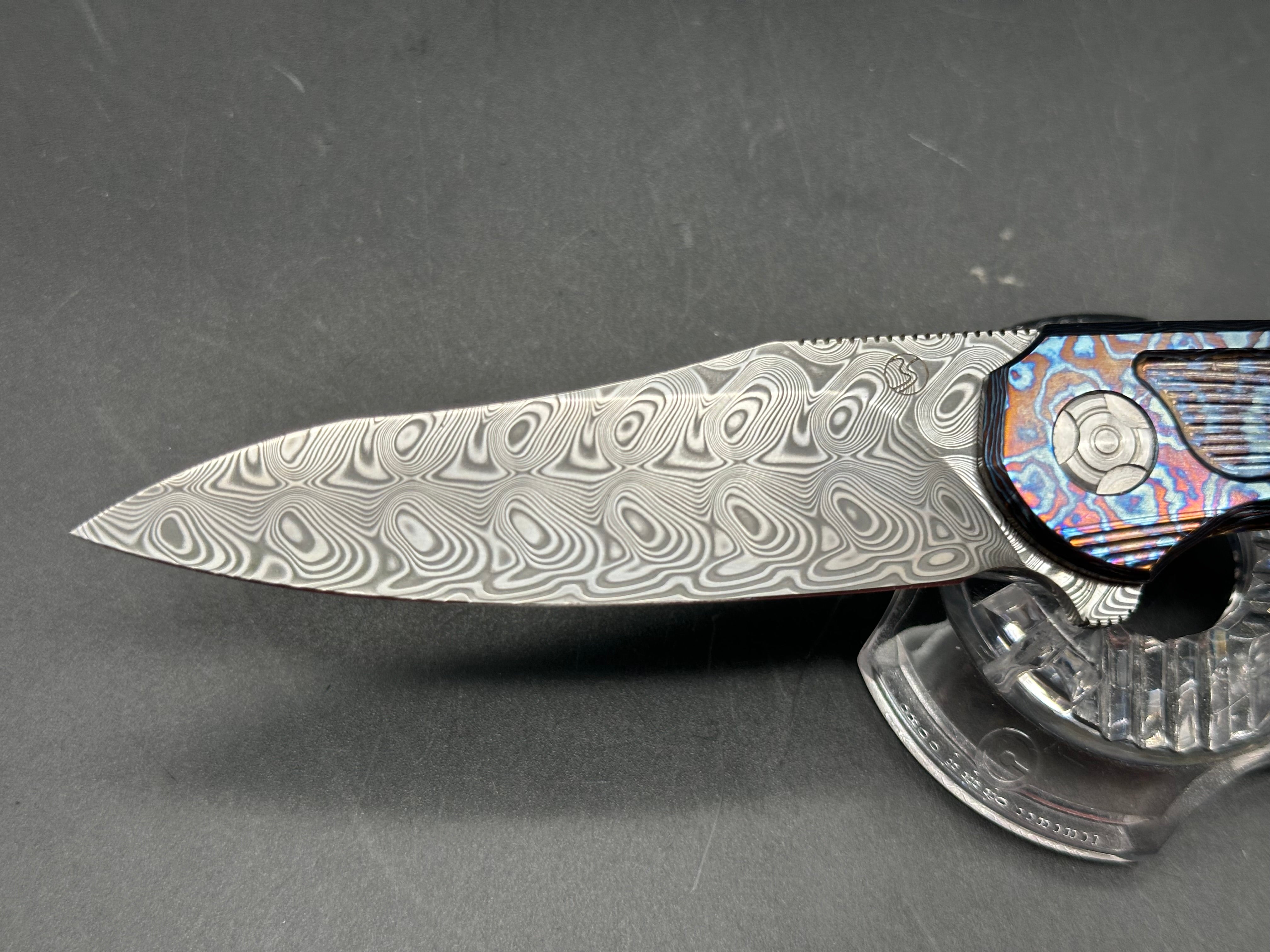 Brad Southard Mini Tolk Full Dress: 3.25 inch USA Damasteel blade. Mokuti scales with matching Mokuti backspacer and clip