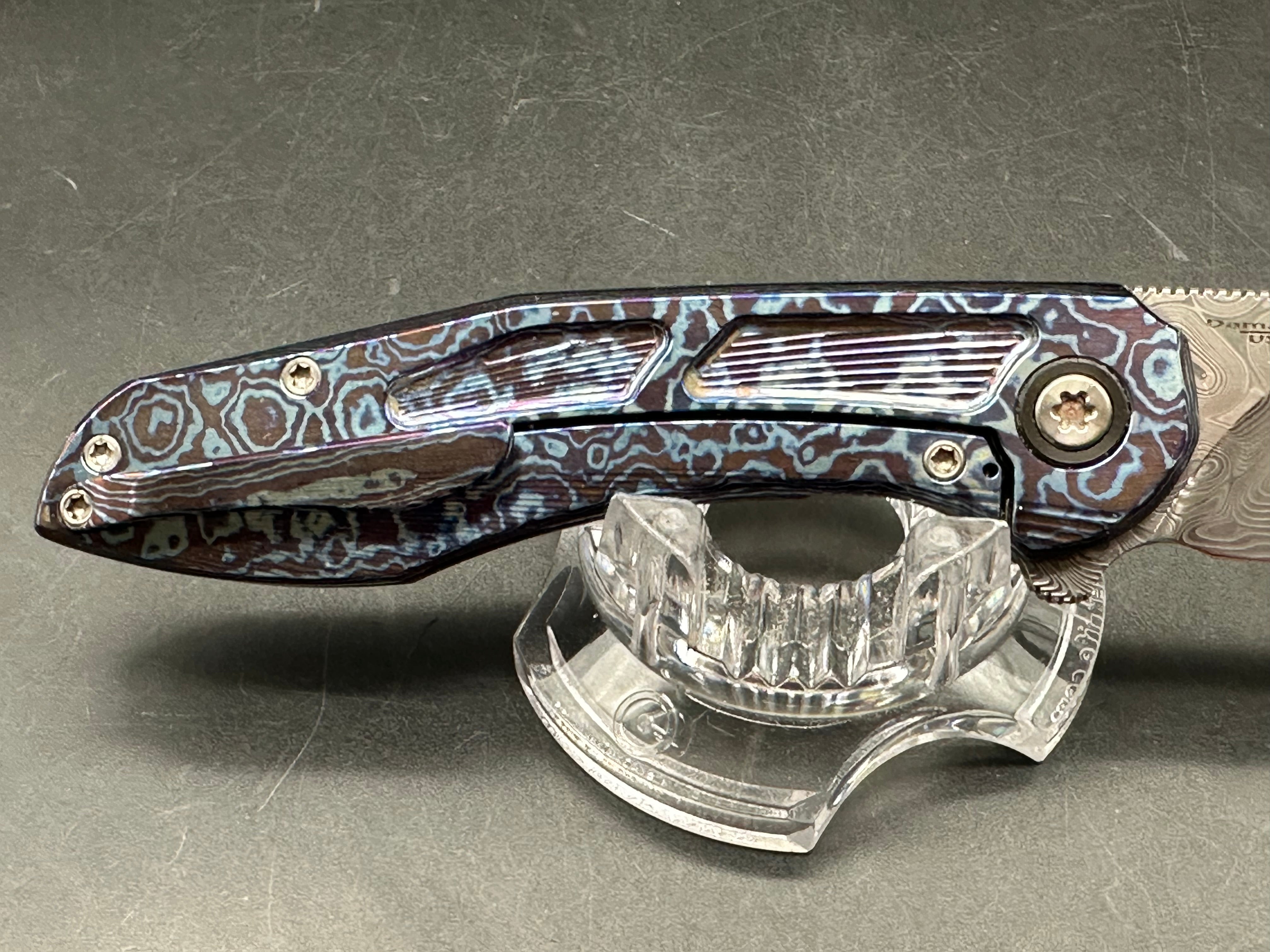 Brad Southard Mini Tolk Full Dress: 3.25 inch USA Damasteel blade. Mokuti scales with matching Mokuti backspacer and clip
