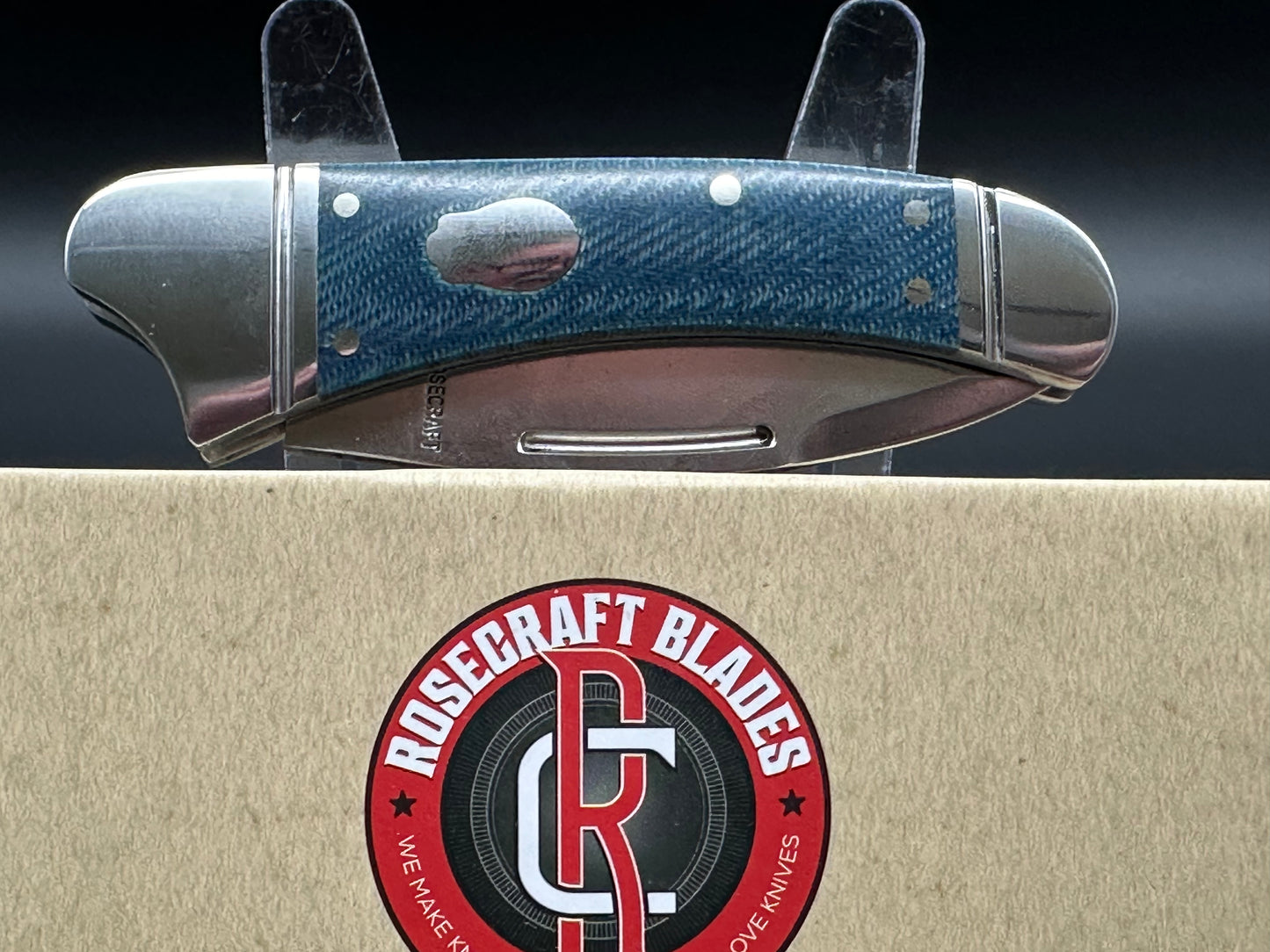 Rose Craft Zambezi, 2.5” D2 Satin Spear Point Blade, Blue Micarta and Steel Handle.