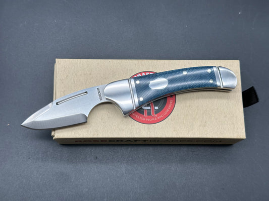 Rose Craft Zambezi, 2.5” D2 Satin Spear Point Blade, Blue Micarta and Steel Handle.