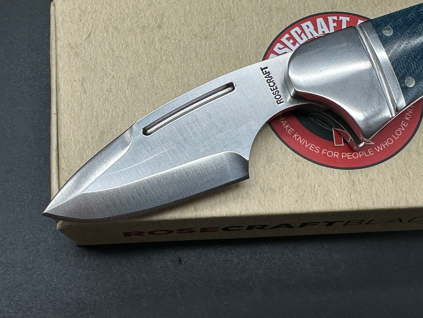 Rose Craft Zambezi, 2.5” D2 Satin Spear Point Blade, Blue Micarta and Steel Handle.