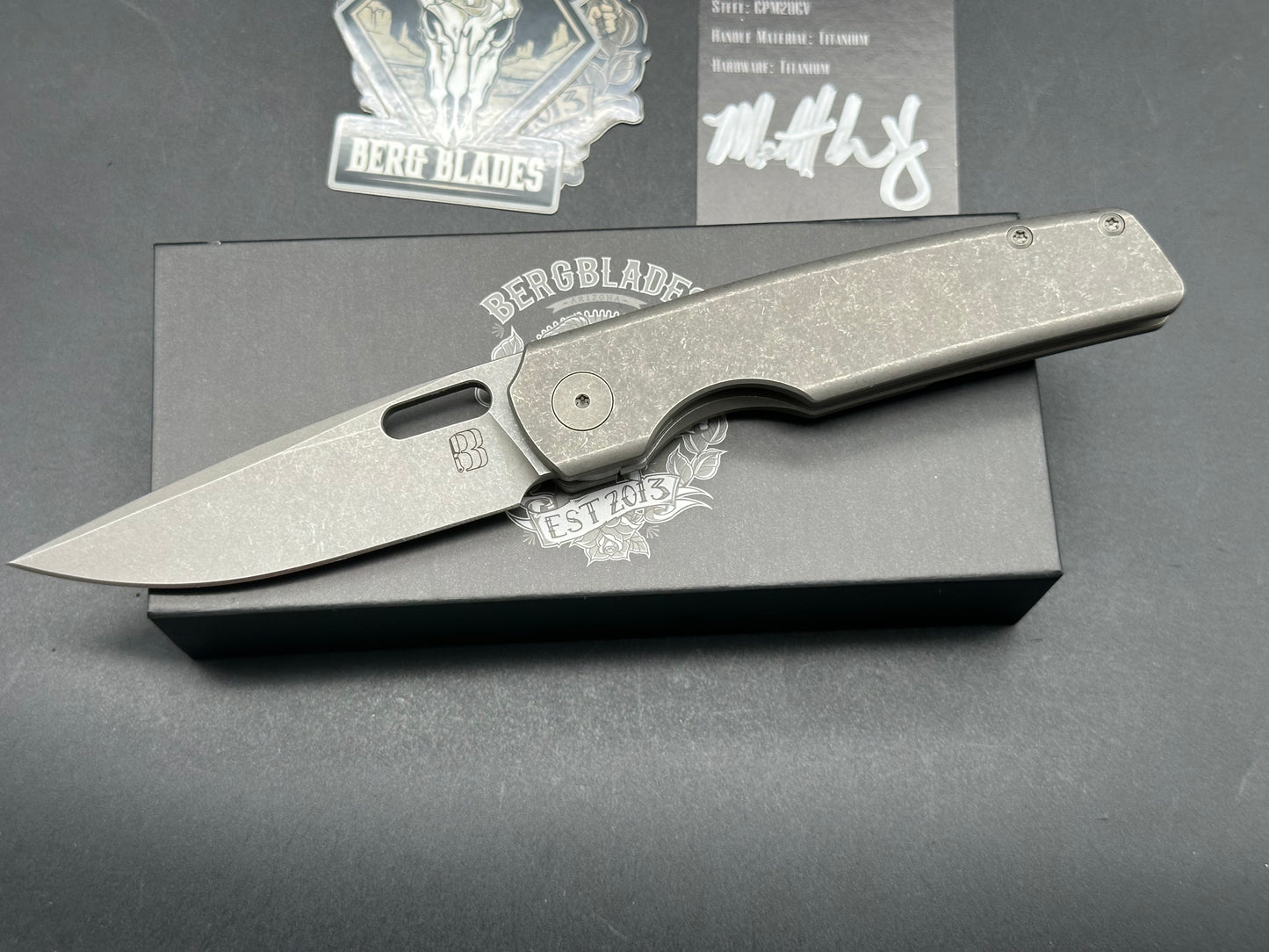 Berg Blades Sweeney, 3.35" 20CV Sandblast Stonewash Blade with Titanium Handle.