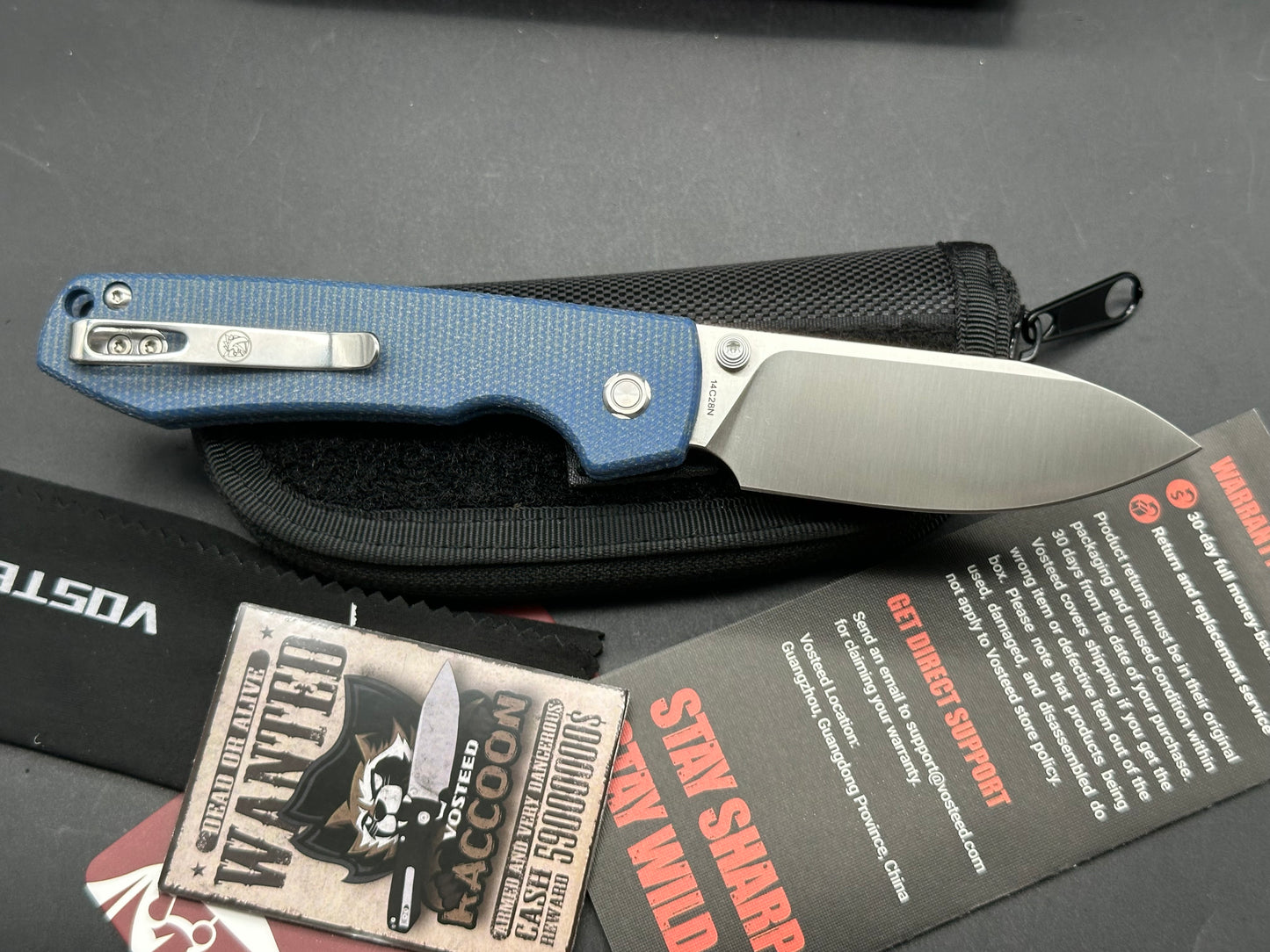 Vosteed Raccoon Top Liner Lock, 3.25" 14C28N Blade with Blue Micarta Handle