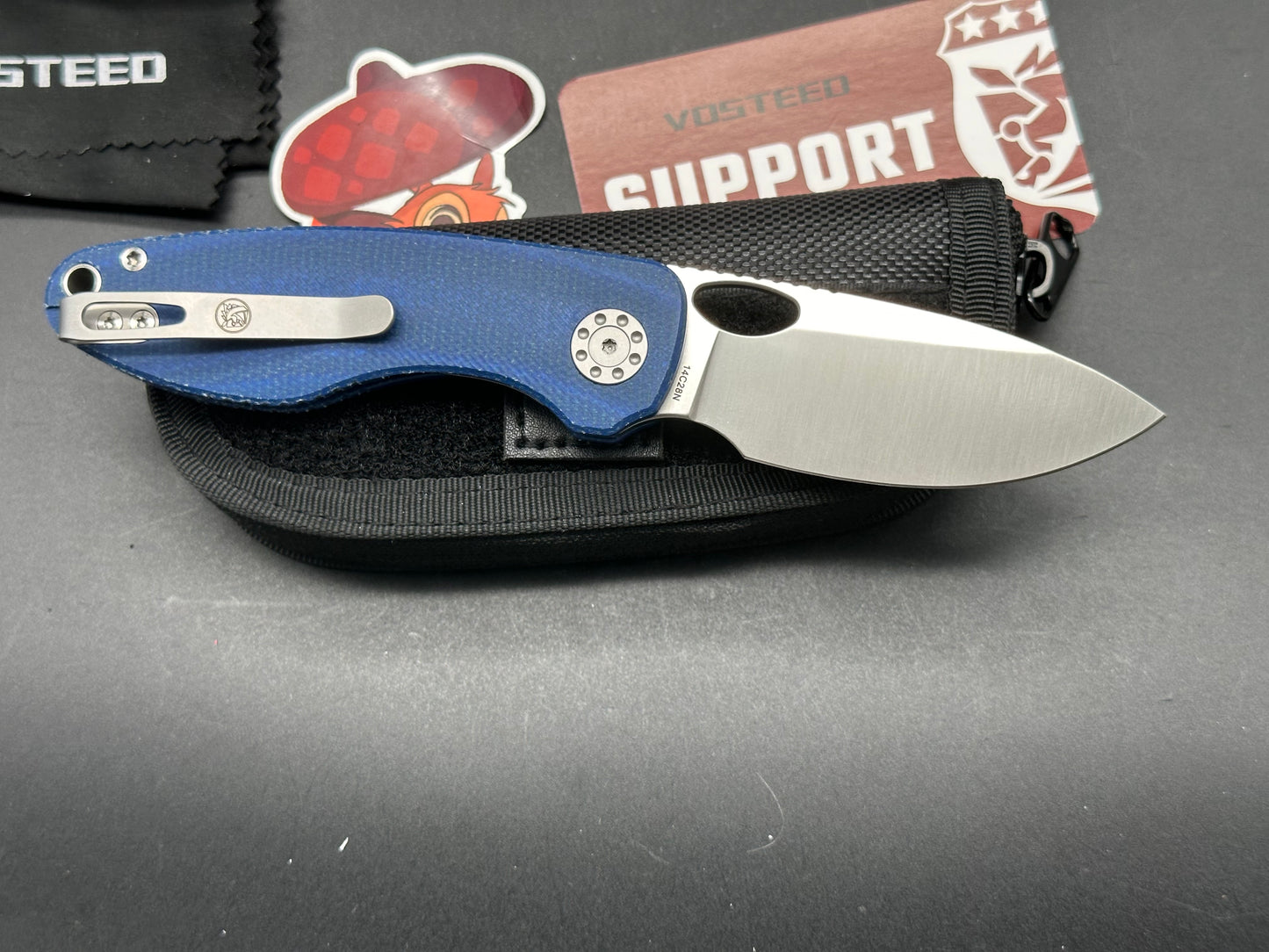 Vosteed Acorn, 2.93" 14C28N Satin Blade with Blue Micarta Handle