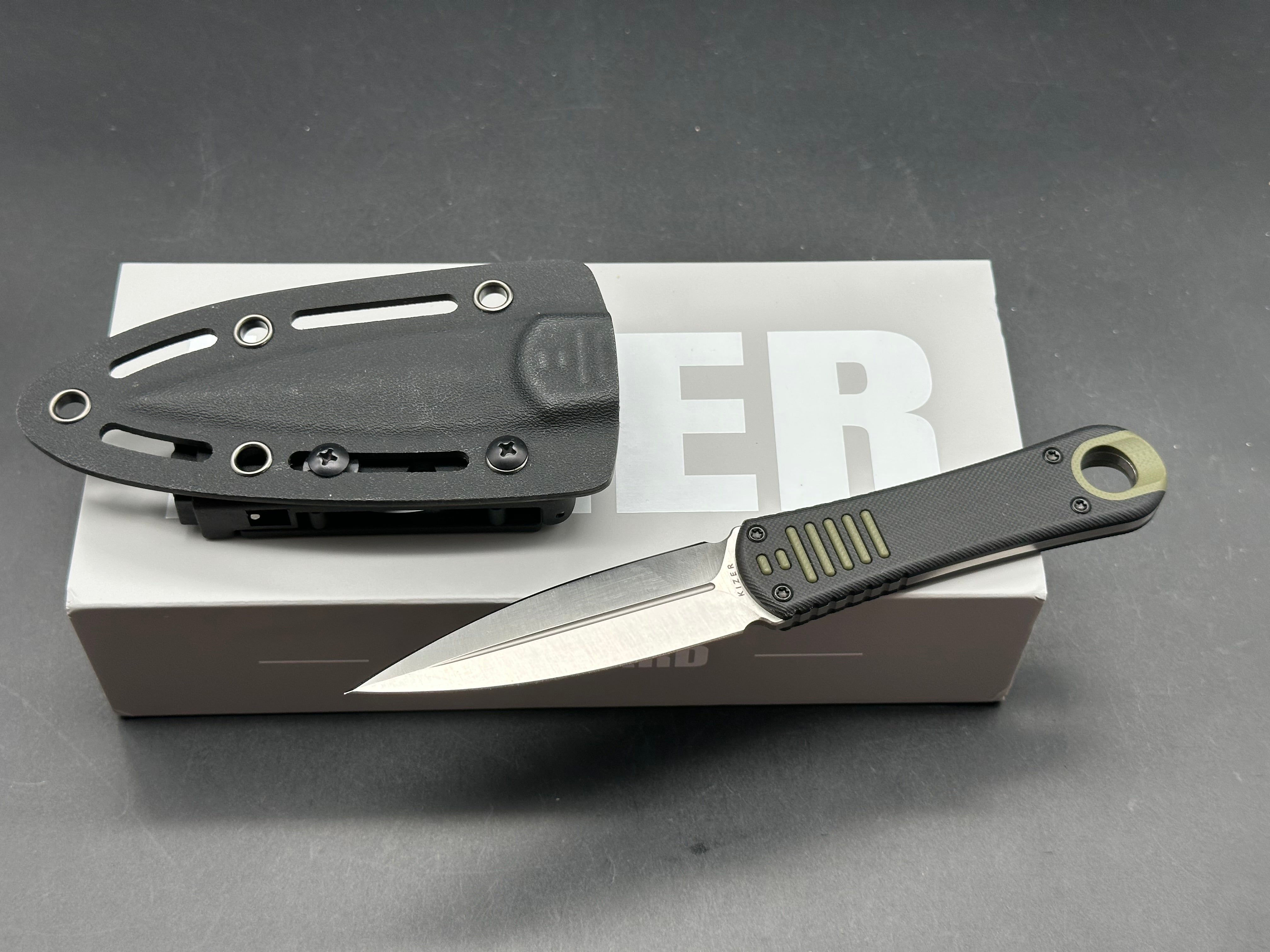 KIZER HIDDEN AGENDA FIXED BLADE DAGGER KNIFE GREEN/BLACK G10 HANDLE AEB-L STEEL