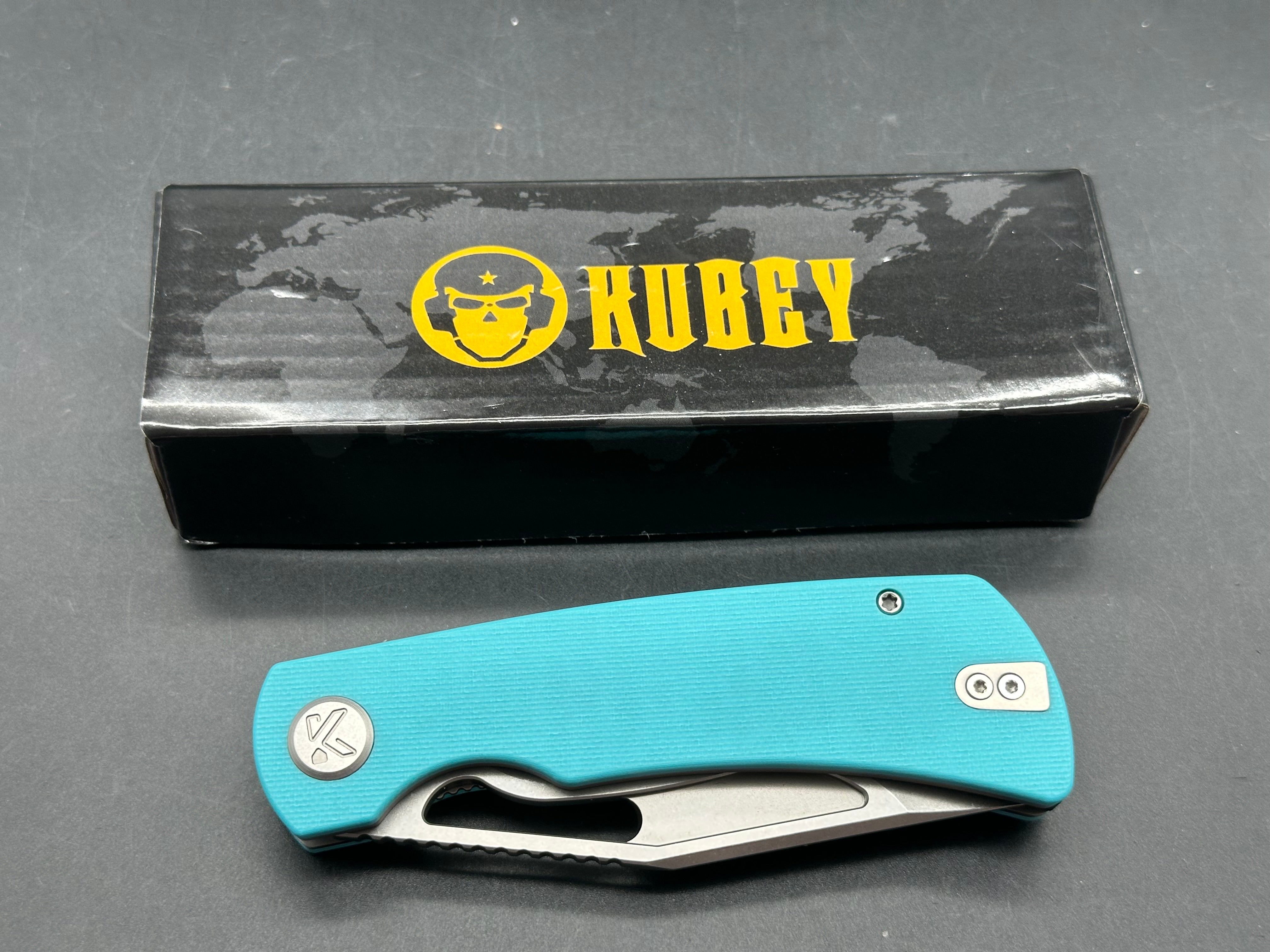 KUBEY GURKHA TIFFANY BLUE G-10 HANDLE BEADBLAST SANDVIK 14C28N BLADE KNIFE