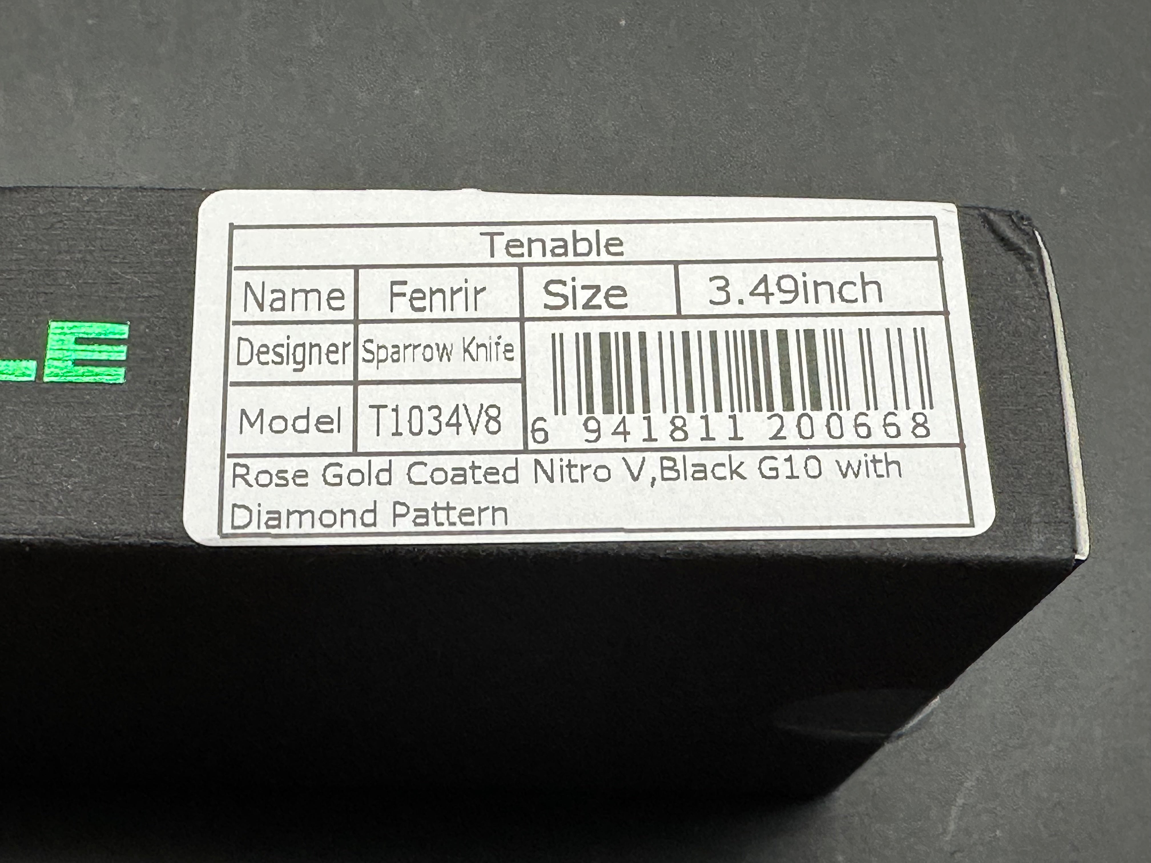 Tenable Fenrir Black G10 3.48" Rose Gold Coated Nitro-V Blade