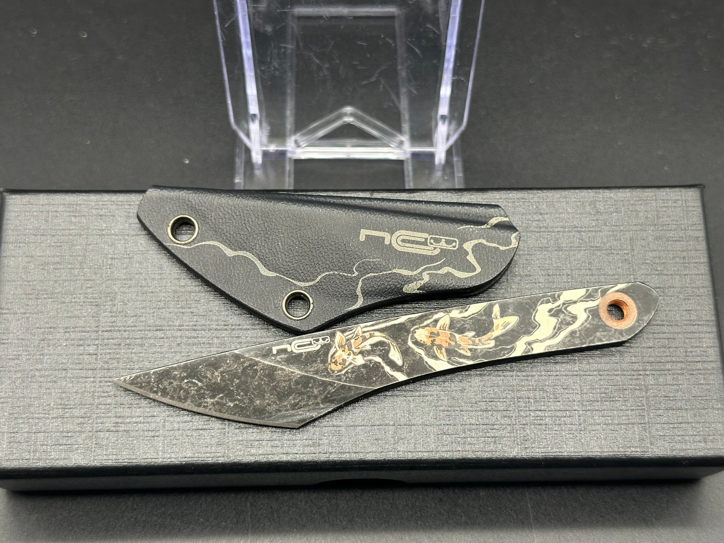 NC Custom Neck Knife & sheath. Koi fish engraved