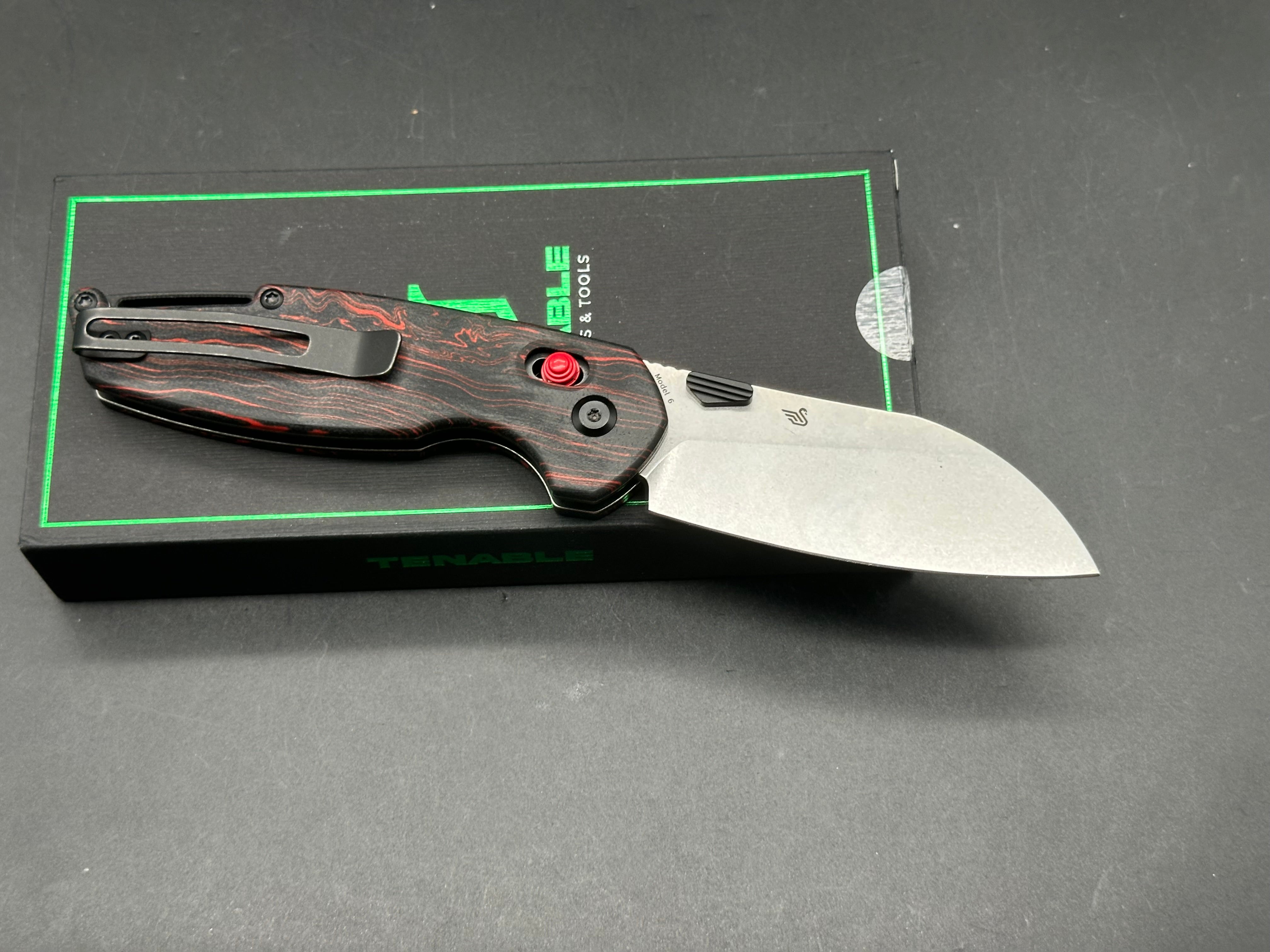 Tenable Model 6 Red & Black G-mascus Handle 3.1" Stonewashed 14C28N Blade