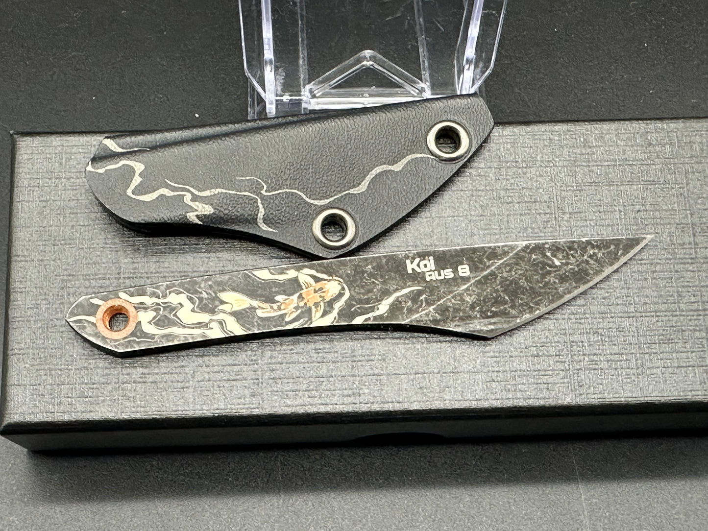 NC Custom Neck Knife & sheath. Koi fish engraved