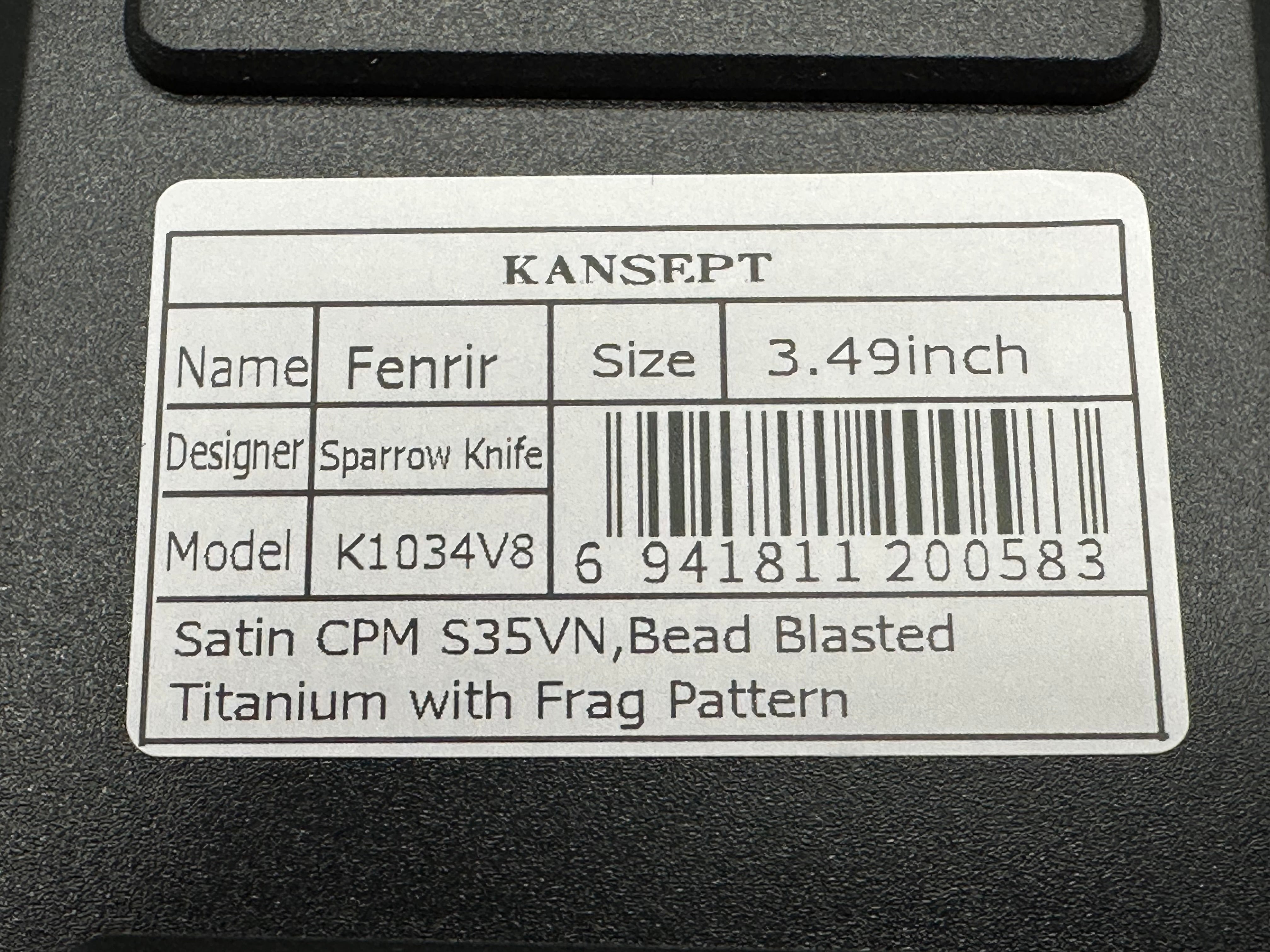 KANSEPT FENRIR BEAD BLASTED TITANIUM WITH FRAG PATTERN HANDLE 3.45'' CPM S35VN BLADE