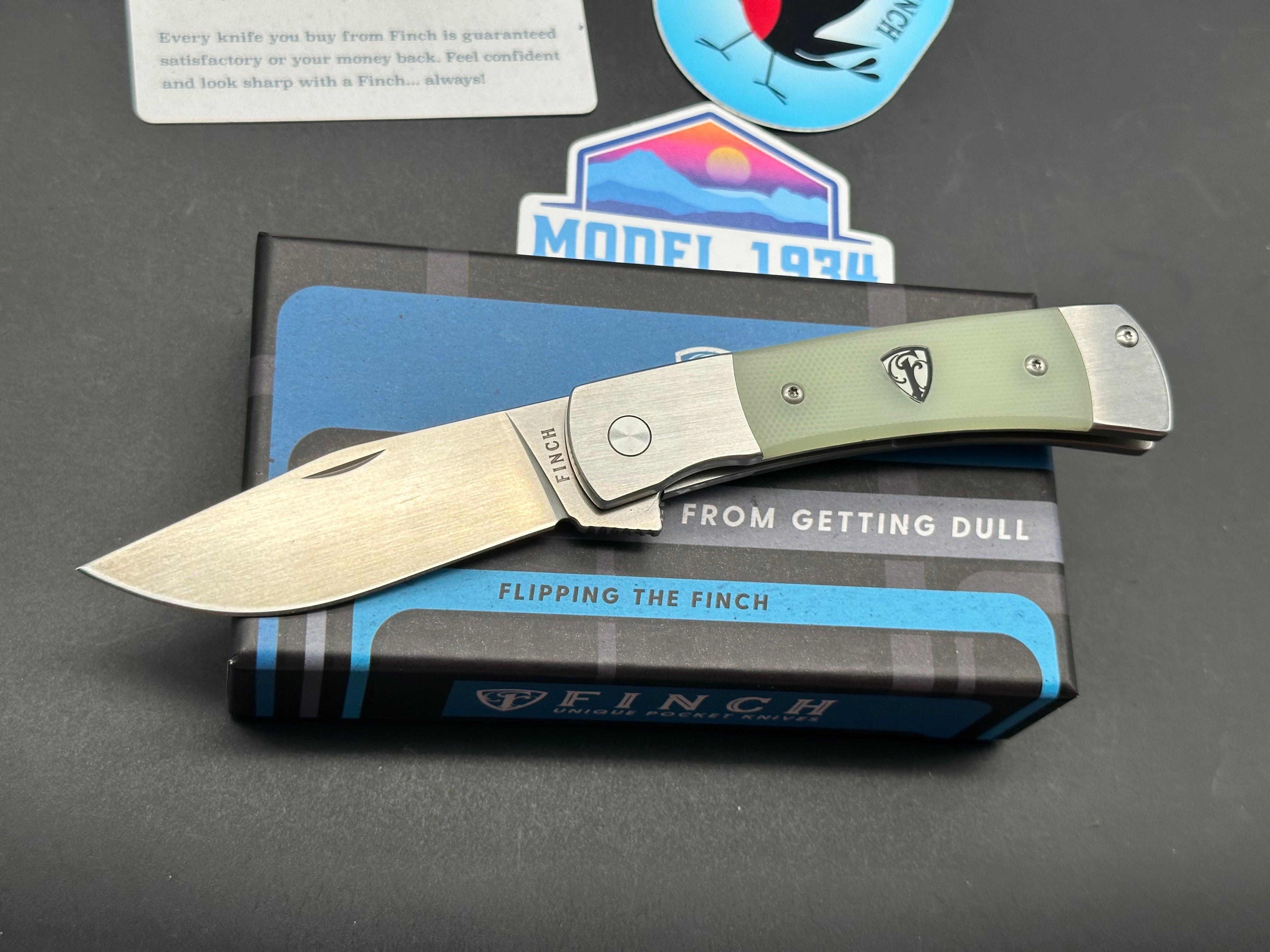 Finch Knives Model 1934 Frame Lock Knife Ghost Green G-10 (3" Satin)