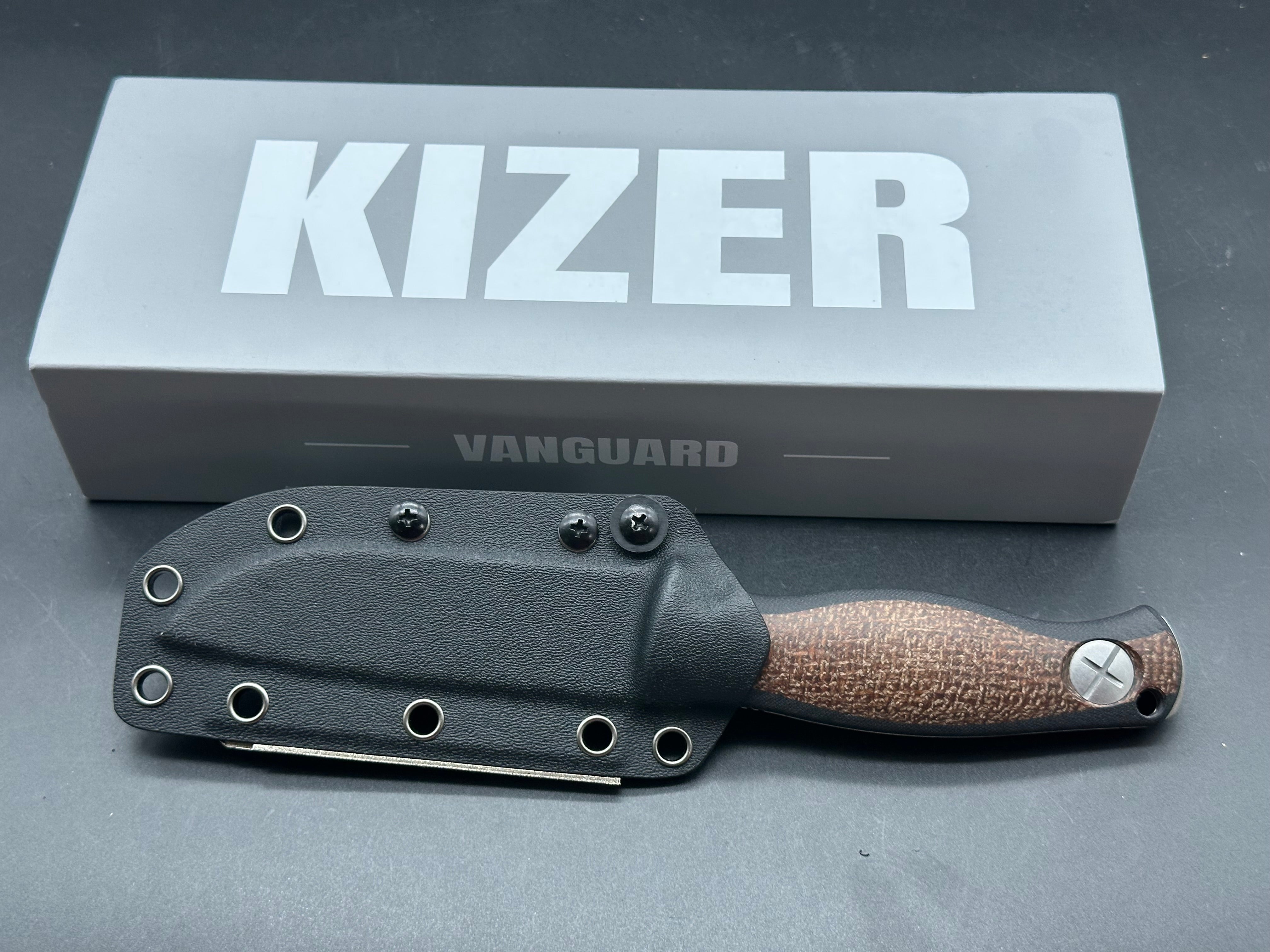 KIZER POLARIS FIXED BLADE KNIFE BURLAP MICARTA AND G10 HANDLE AEB-L STEEL