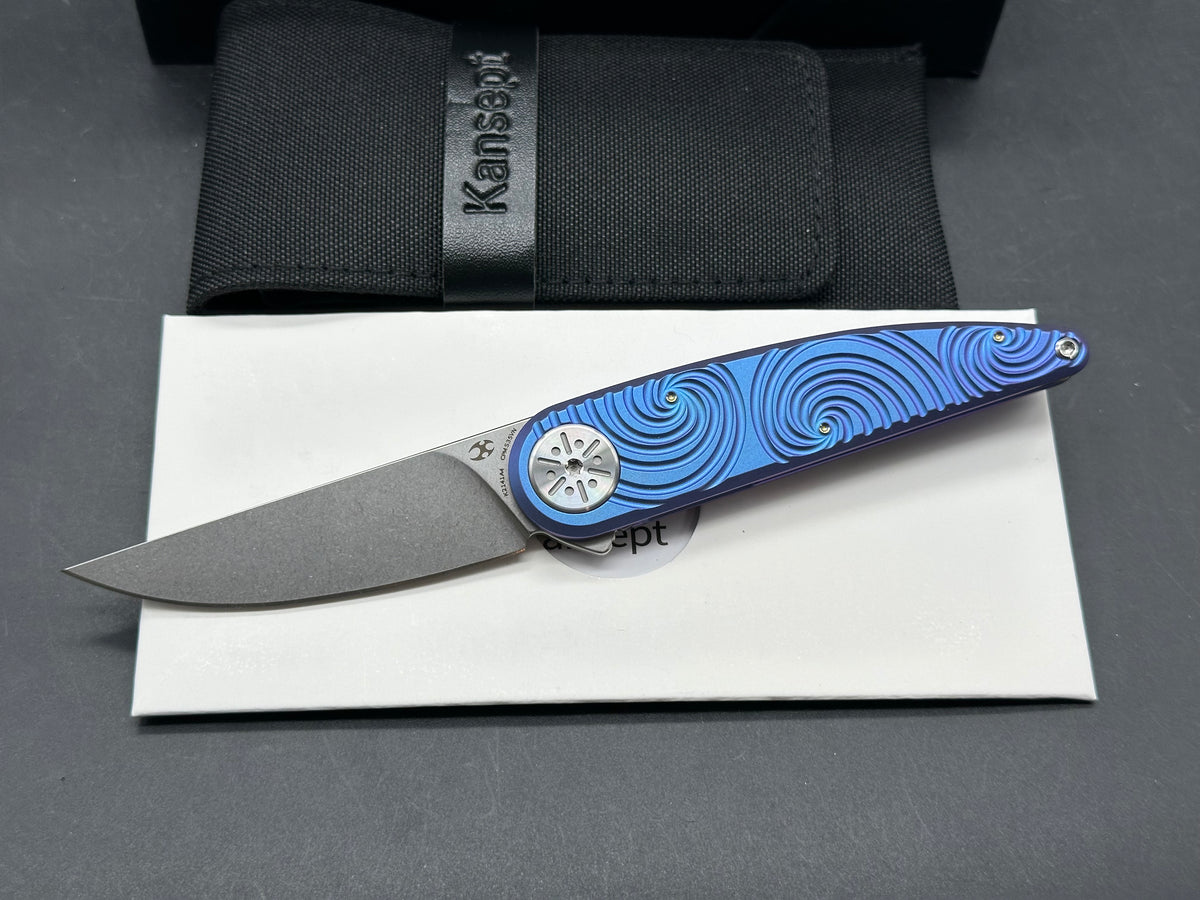 KANSEPT SYMÉTRIX BLUE-PURPLE ANODIZED TITANIUM/SWIRL PATTERN HANDLE 2.85" STONEWASH S35VN
