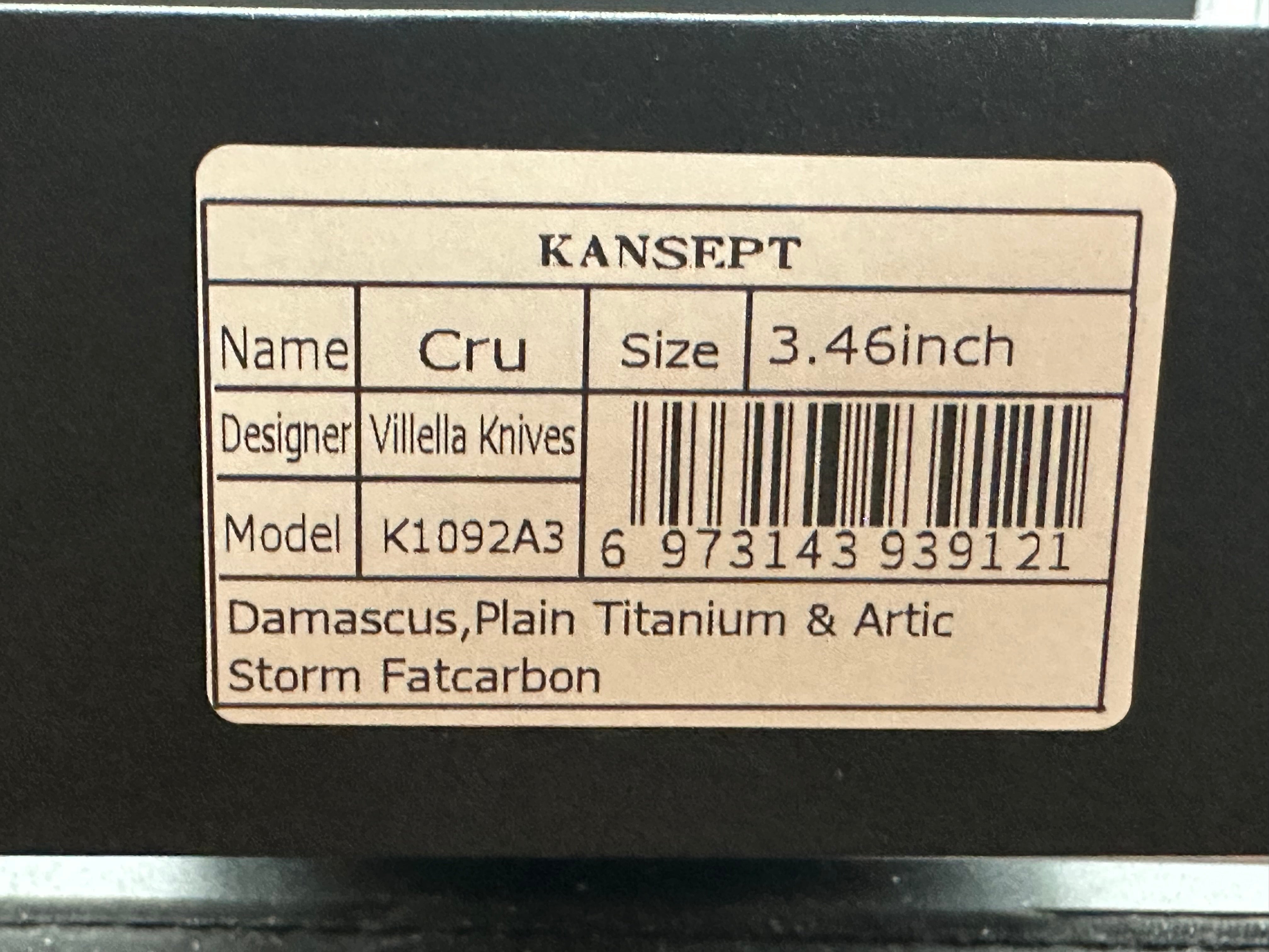 KANSEPT CRU FOLDING KNIFE TITANIUM/ARCTIC STORM FATCARBON HANDLE DAMASCUS PLAIN EDGE