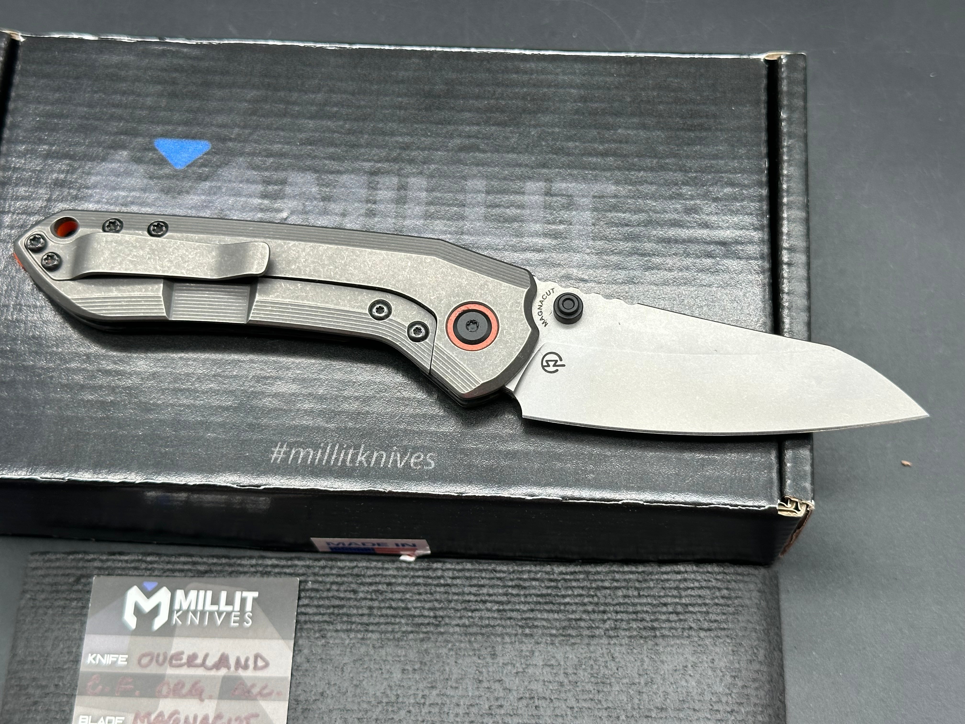 Millit Overland, 3.17" CPM MagnaCut Stonewash Blade with Carbon Fiber and Dark Stonewash Frame Lock Scales