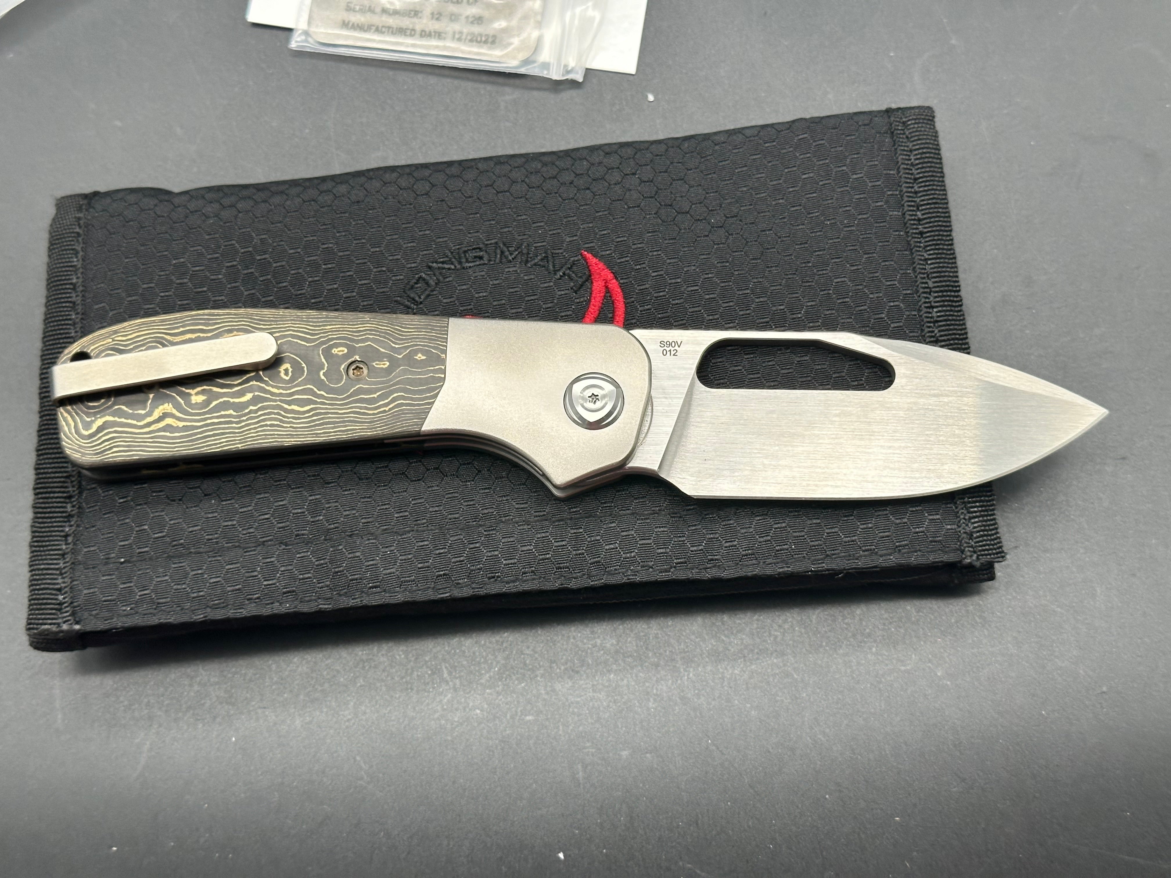 Liong Mah Field Duty 3.5, S90V Blade, Titanium/Gold Camo Fat Carbon Fiber Handle