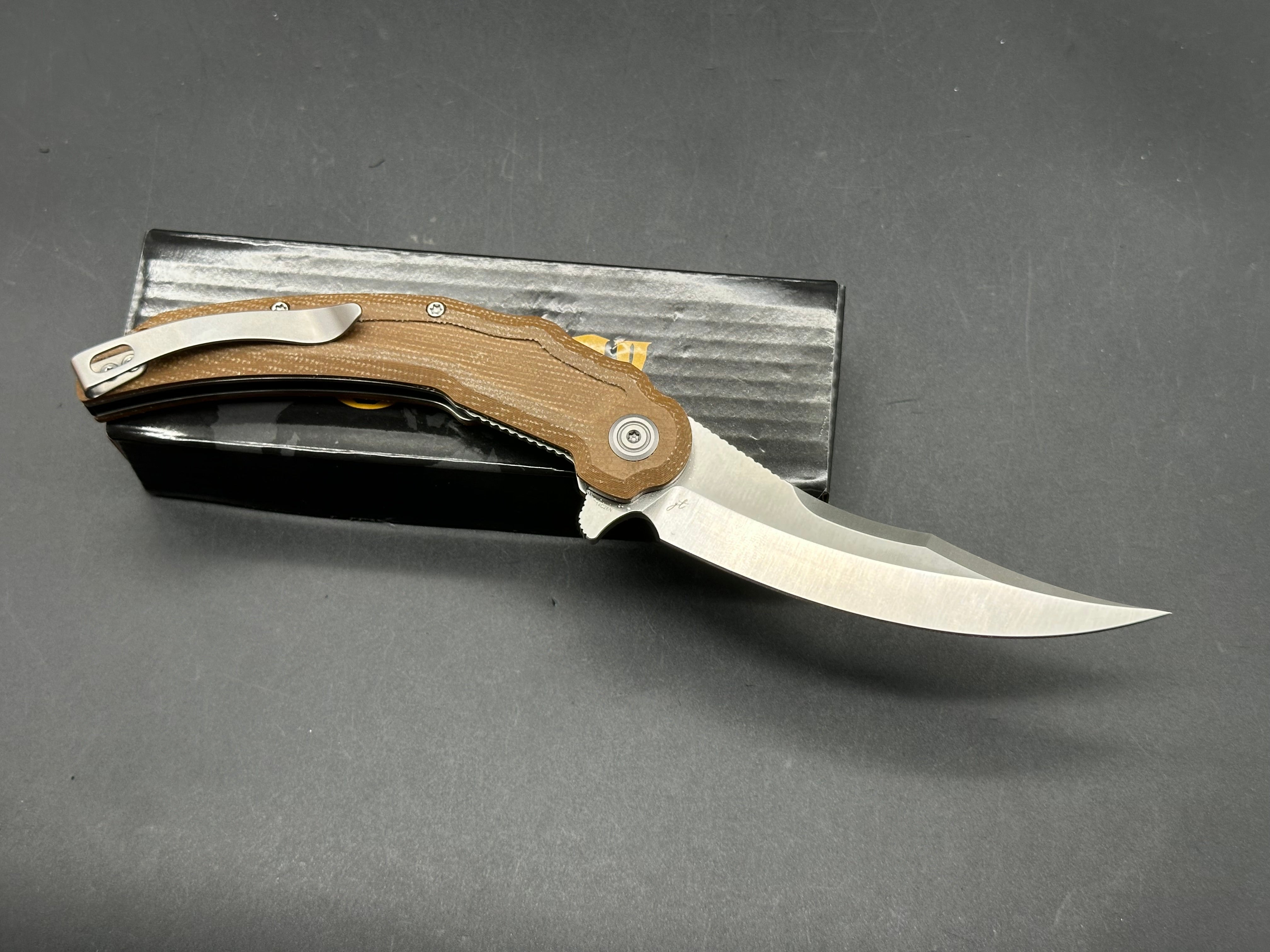 Kubey Wave Crest Liner Lock Pikal Folding Knife Brown Micarta Handle 3.78" Satin 14C28N