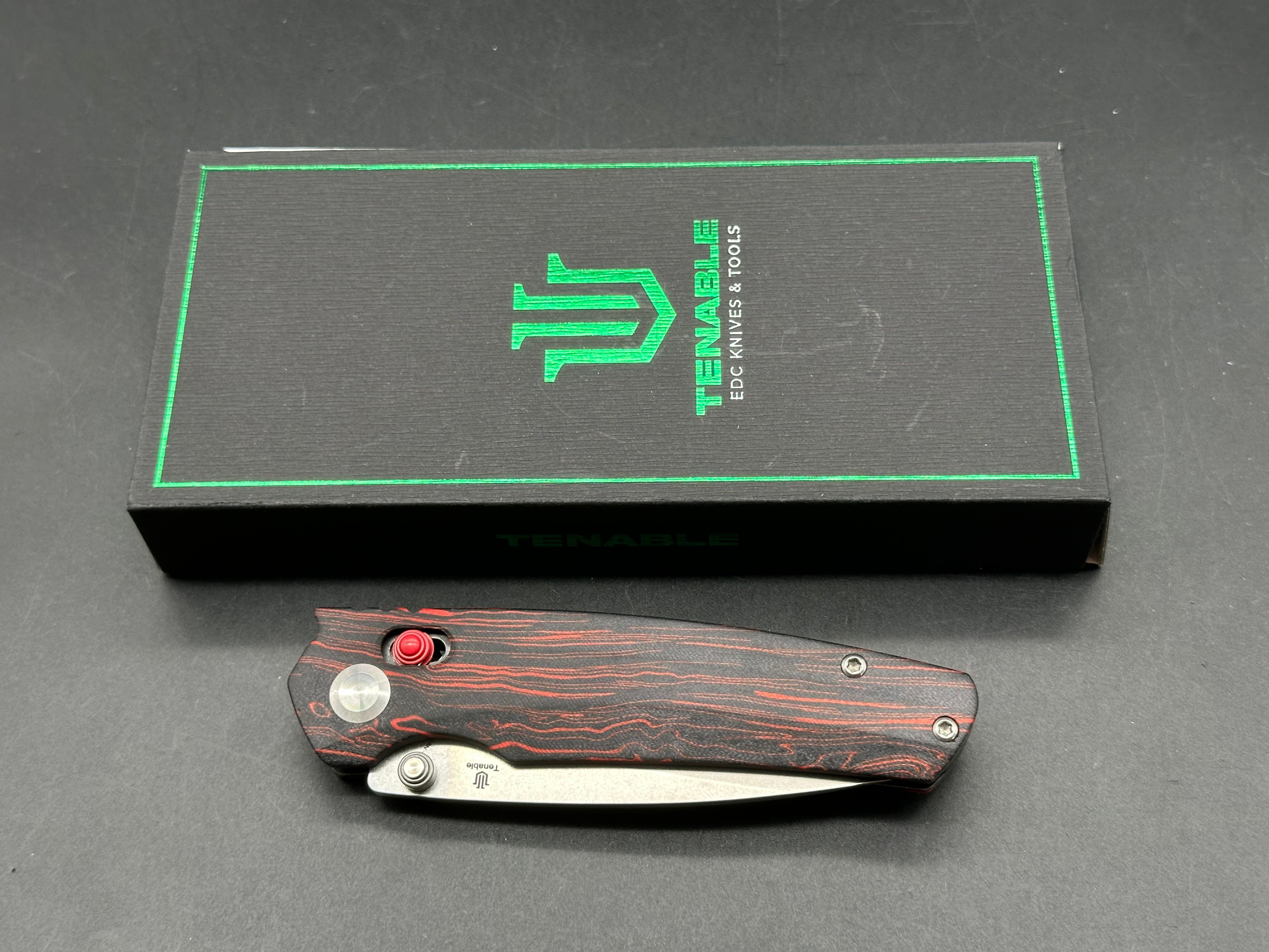 TENABLE RAVEN FOLDING KNIFE STONEWASHED 14C28N BLADE RED AND BLACK G-MASCUS HANDLE