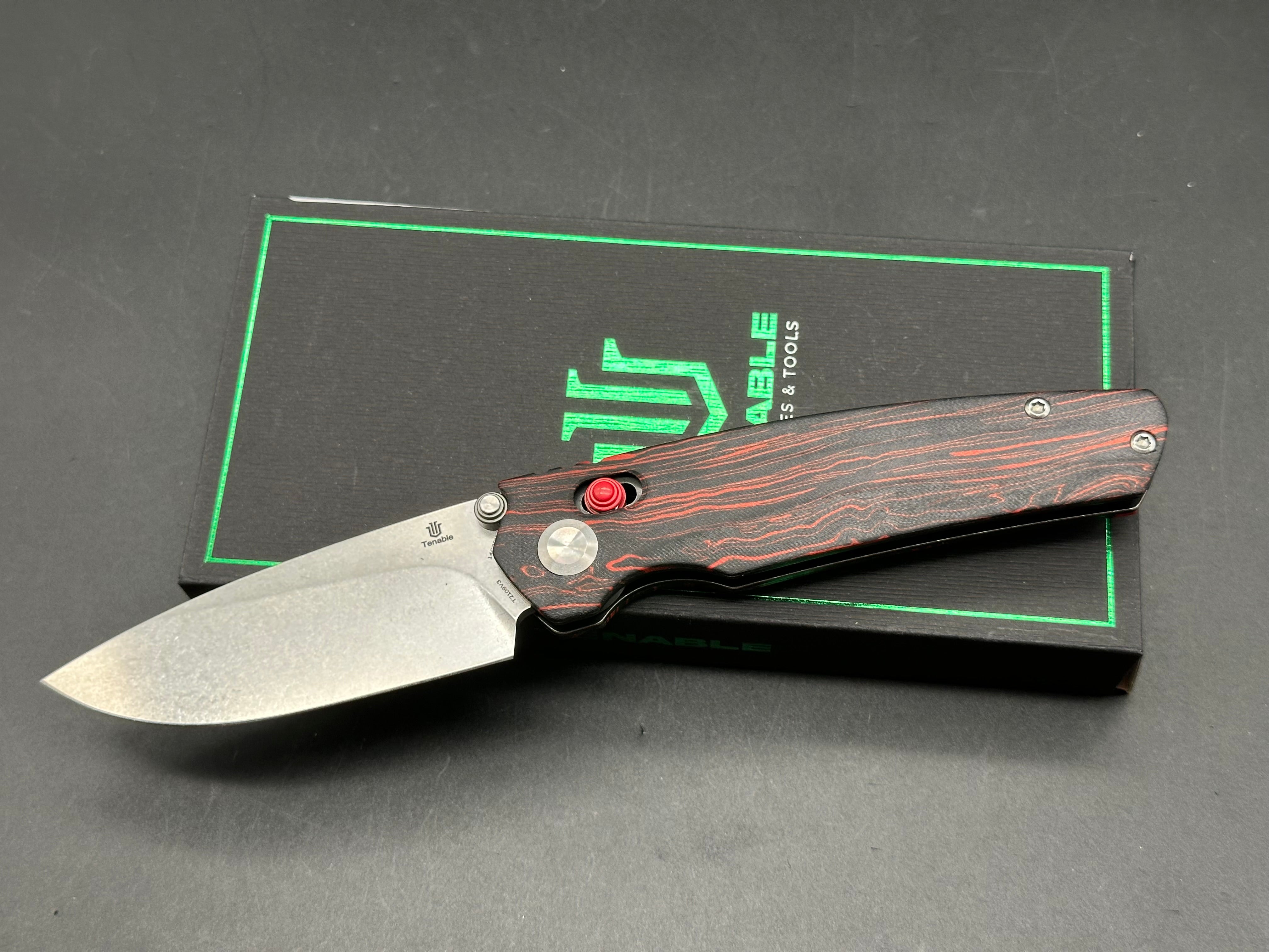 TENABLE RAVEN FOLDING KNIFE STONEWASHED 14C28N BLADE RED AND BLACK G-MASCUS HANDLE