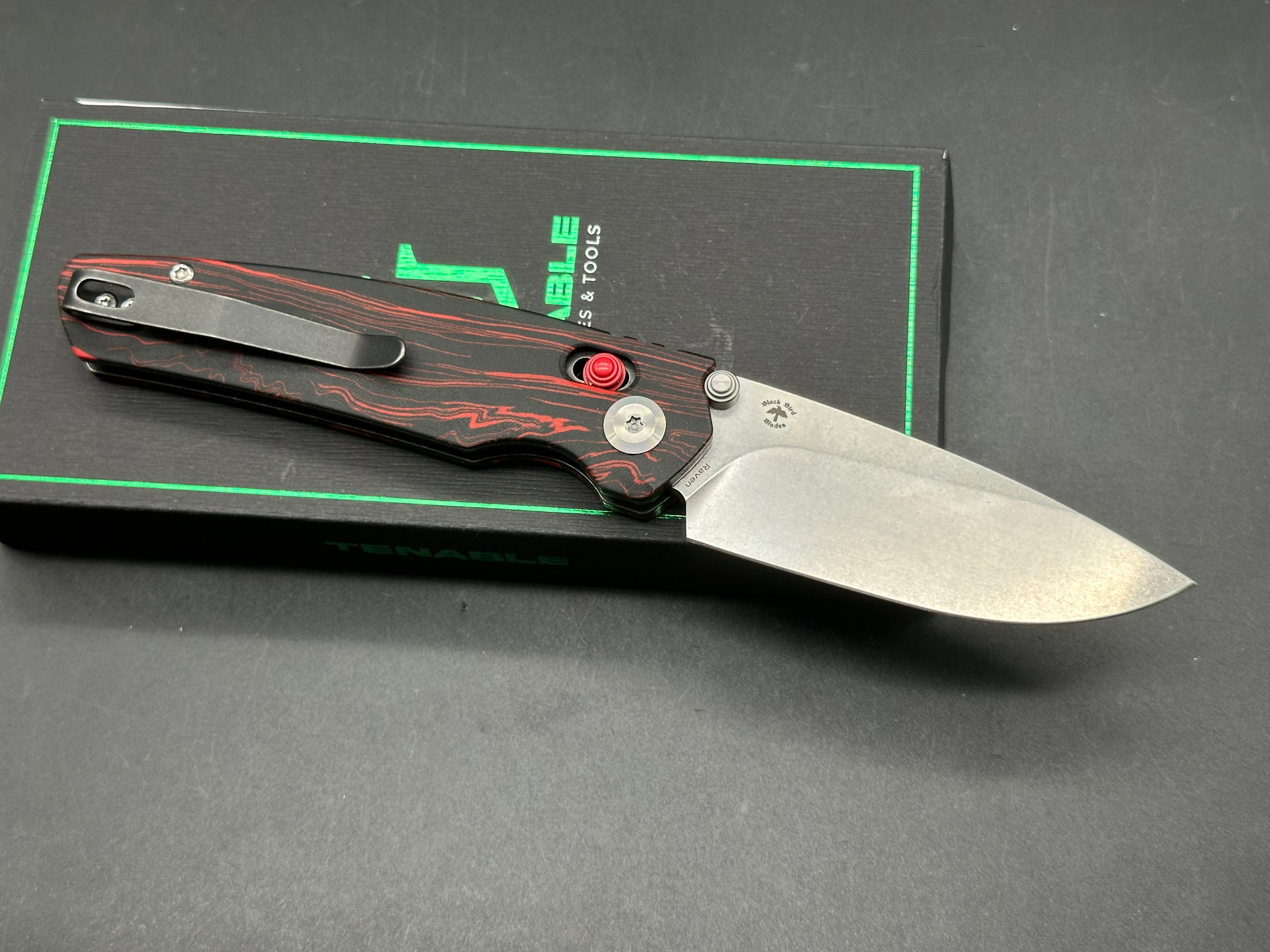 TENABLE RAVEN FOLDING KNIFE STONEWASHED 14C28N BLADE RED AND BLACK G-MASCUS HANDLE
