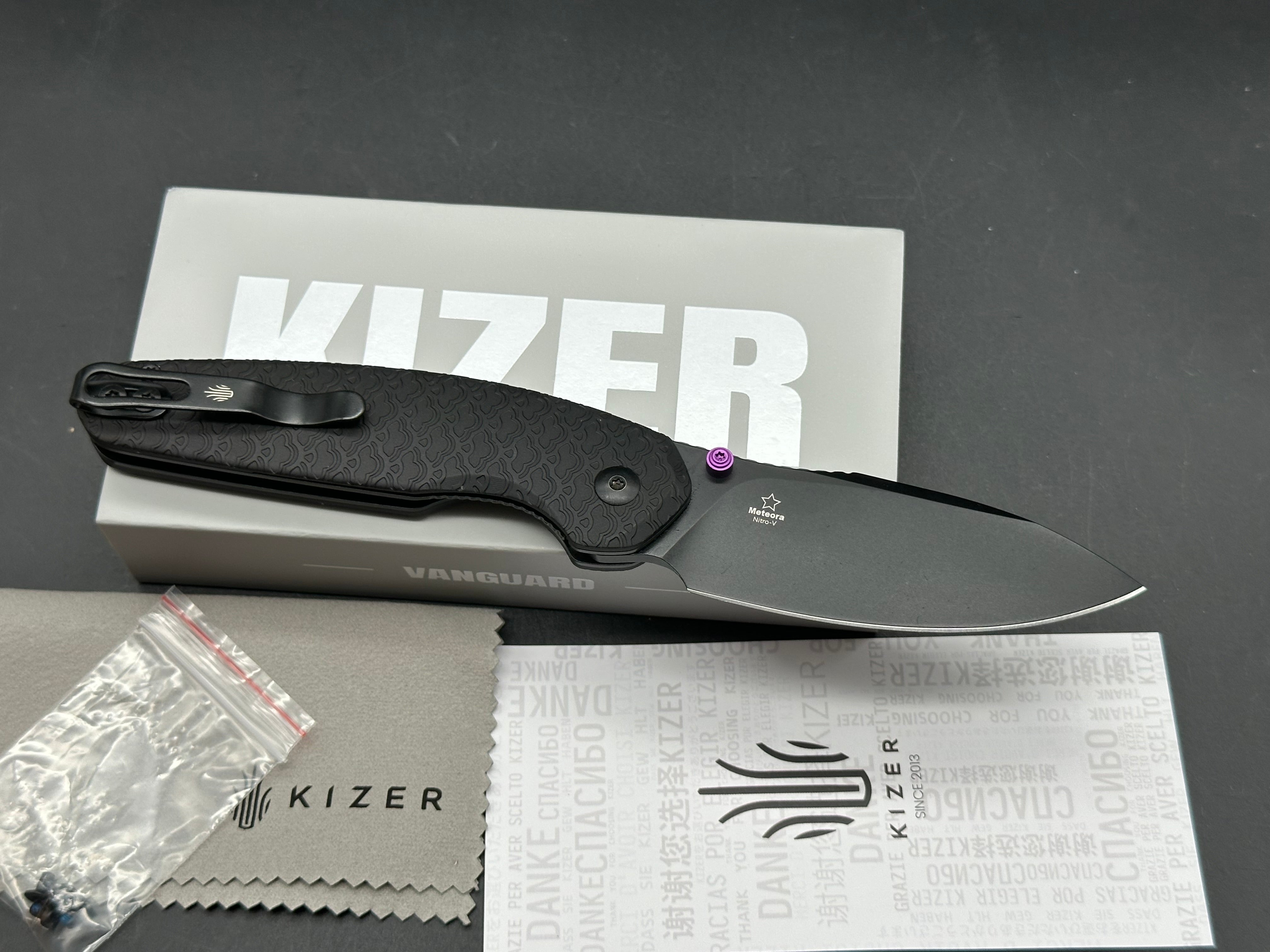 KIZER METEORA FOLDING KNIFE BLACK ALUMINUM HANDLE NITRO-V BLADE