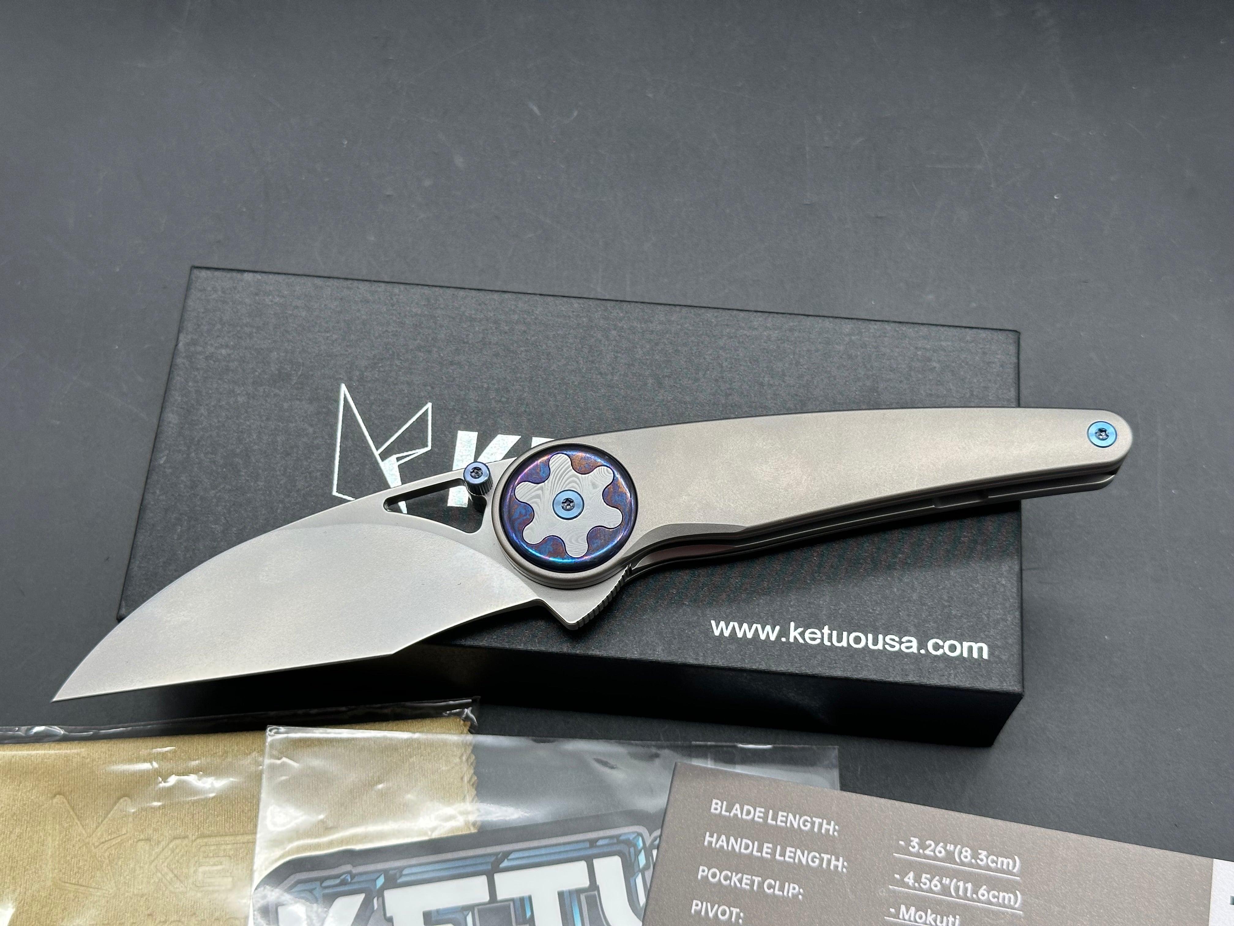 KETUO HAPPY HOUR TITANIUM/TIMASCUS/DAMASTEEL HANDLE M390 PLAIN EDGE