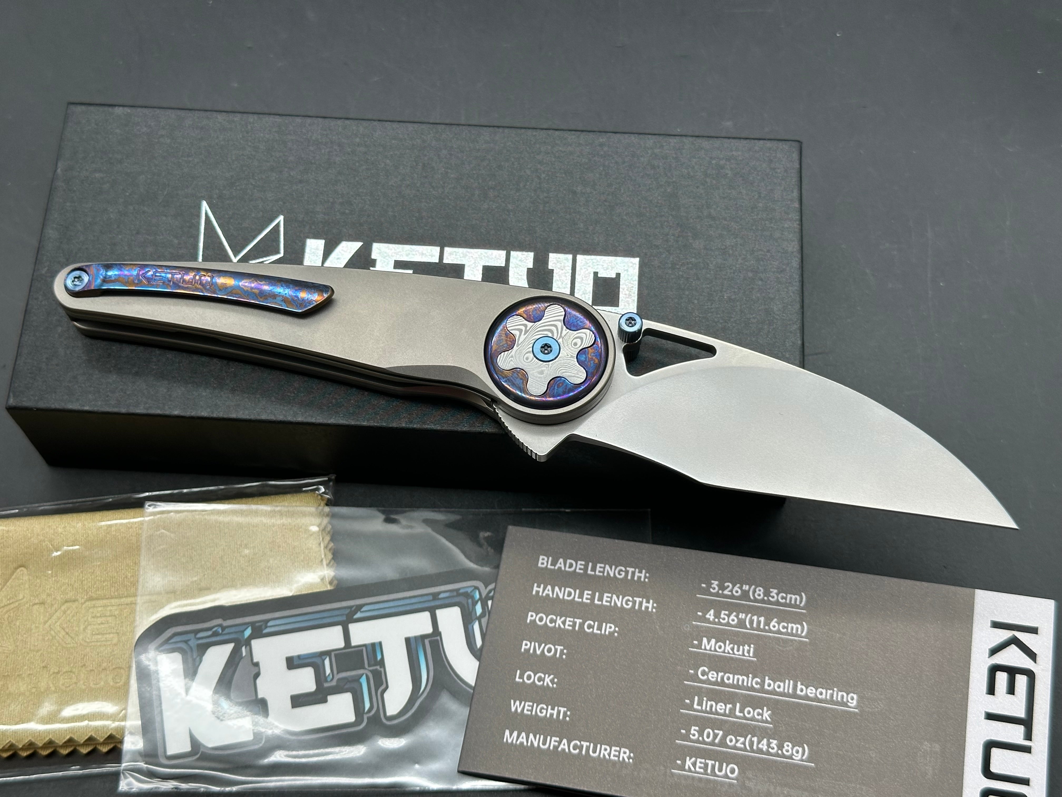 KETUO HAPPY HOUR TITANIUM/TIMASCUS/DAMASTEEL HANDLE M390 PLAIN EDGE