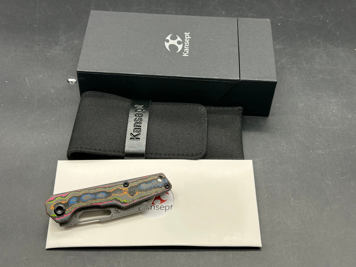 KANSEPT LUCERO FOLDING KNIFE 80S CAMO CARBON FIBER HANDLE 2.6" DAMASCUS REVERSE TANTO PLAIN EDGE