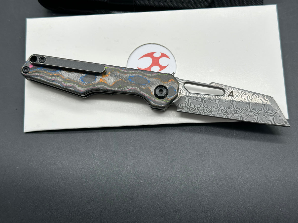 KANSEPT LUCERO FOLDING KNIFE 80S CAMO CARBON FIBER HANDLE 2.6" DAMASCUS REVERSE TANTO PLAIN EDGE