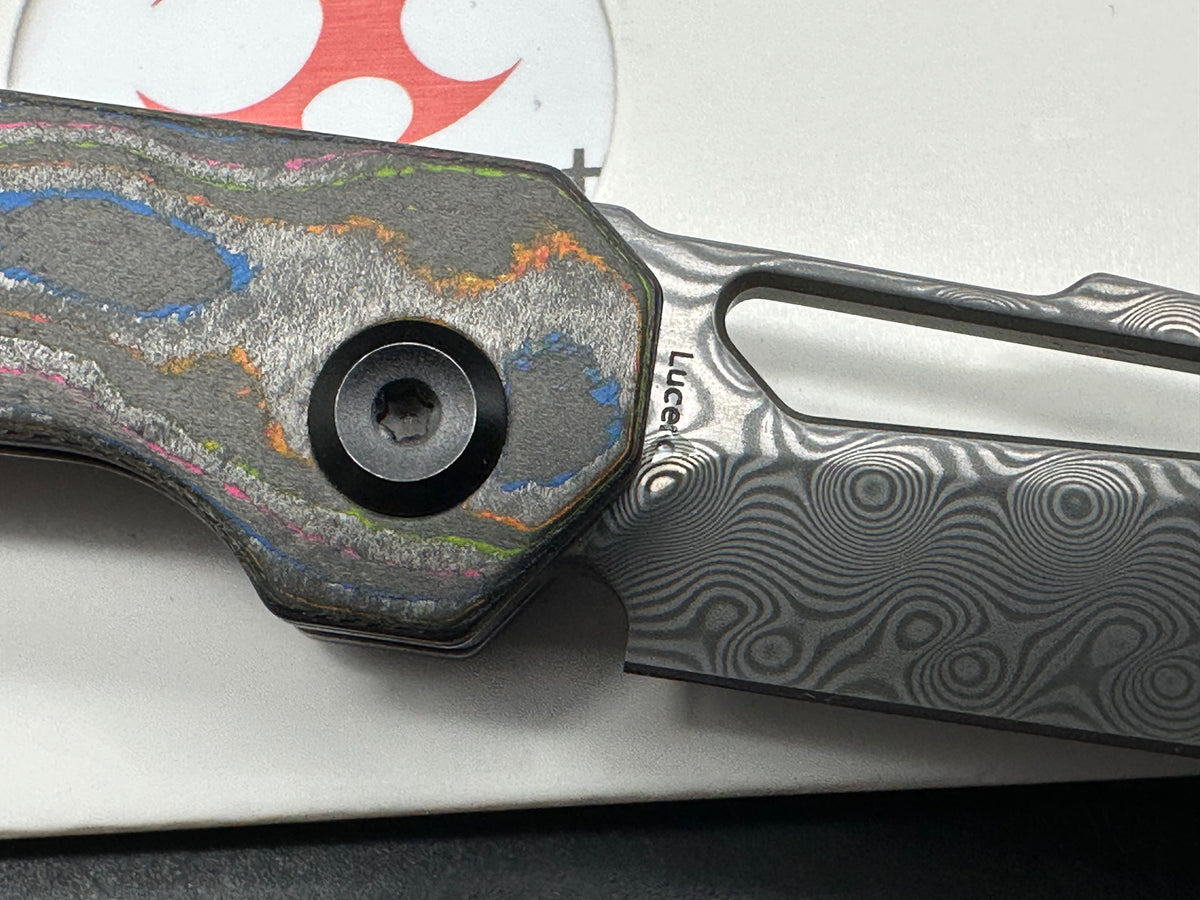 KANSEPT LUCERO FOLDING KNIFE 80S CAMO CARBON FIBER HANDLE 2.6" DAMASCUS REVERSE TANTO PLAIN EDGE