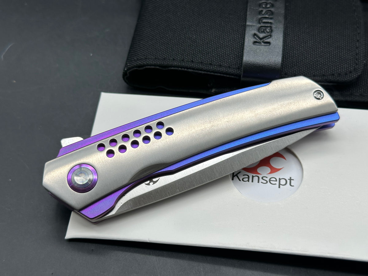 KANSEPT TRACER FOLDING KNIFE NATURAL/BLUE-PURPLE ANODIZED TITANIUM HANDLE 3.5" SATIN S35VN DROP POINT PLAIN EDGE