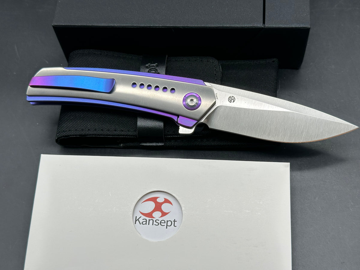 KANSEPT TRACER FOLDING KNIFE NATURAL/BLUE-PURPLE ANODIZED TITANIUM HANDLE 3.5" SATIN S35VN DROP POINT PLAIN EDGE