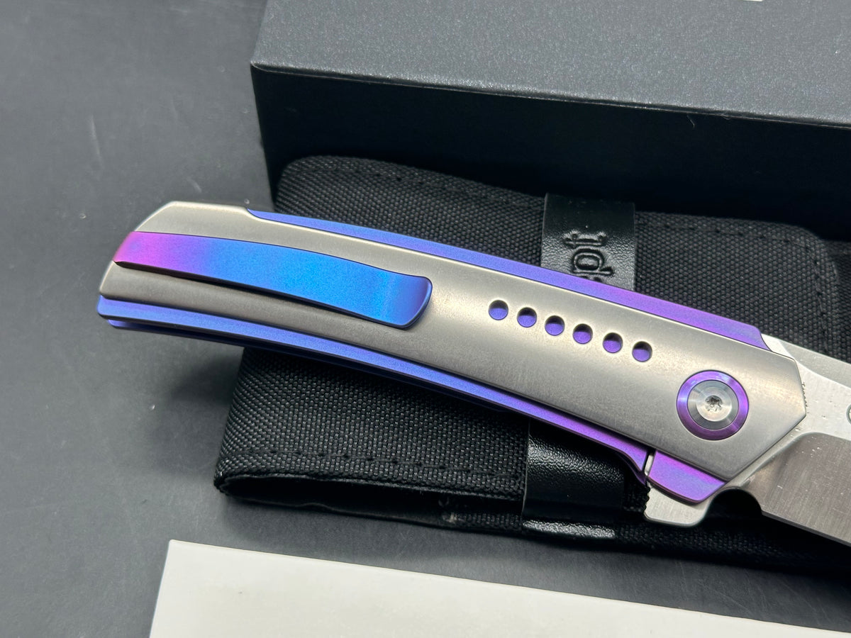 KANSEPT TRACER FOLDING KNIFE NATURAL/BLUE-PURPLE ANODIZED TITANIUM HANDLE 3.5" SATIN S35VN DROP POINT PLAIN EDGE