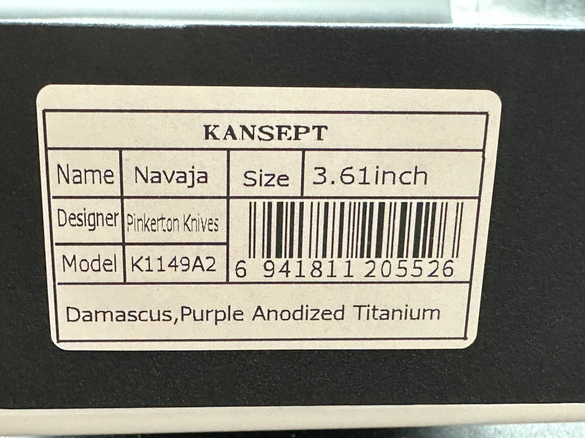KANSEPT NAVAJA FOLDING KNIFE PURPLE ANODIZED TITANIUM HANDLE 3.6" DAMASCUS MODIFIED CLIP POINT PLAIN EDGE