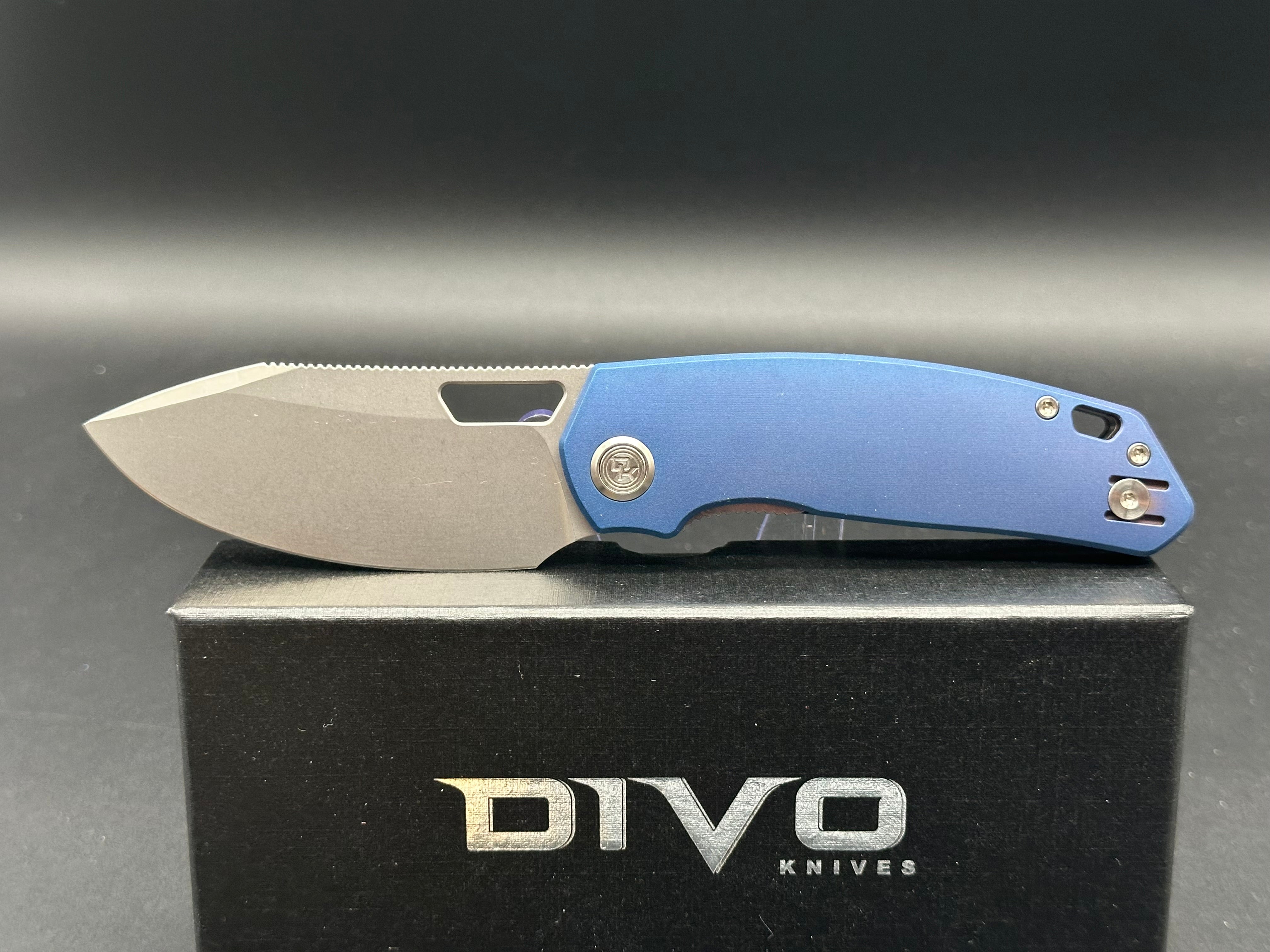 DIVO KNIVES GROWLER V2 POCKET KNIFE BLUE ALUMINUM HANDLE SANDWASHED 154CM PLAIN EDGE