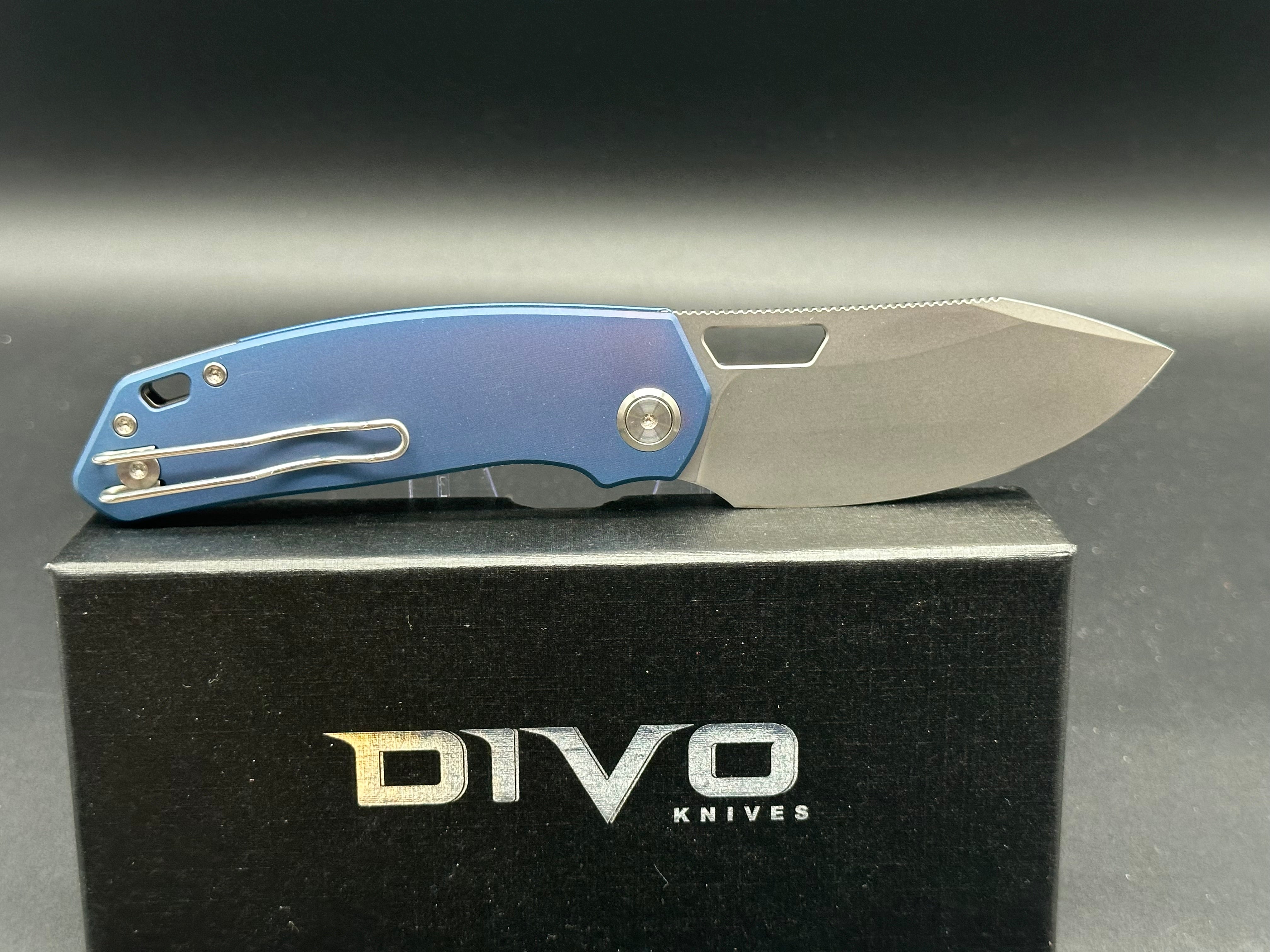 DIVO KNIVES GROWLER V2 POCKET KNIFE BLUE ALUMINUM HANDLE SANDWASHED 154CM PLAIN EDGE