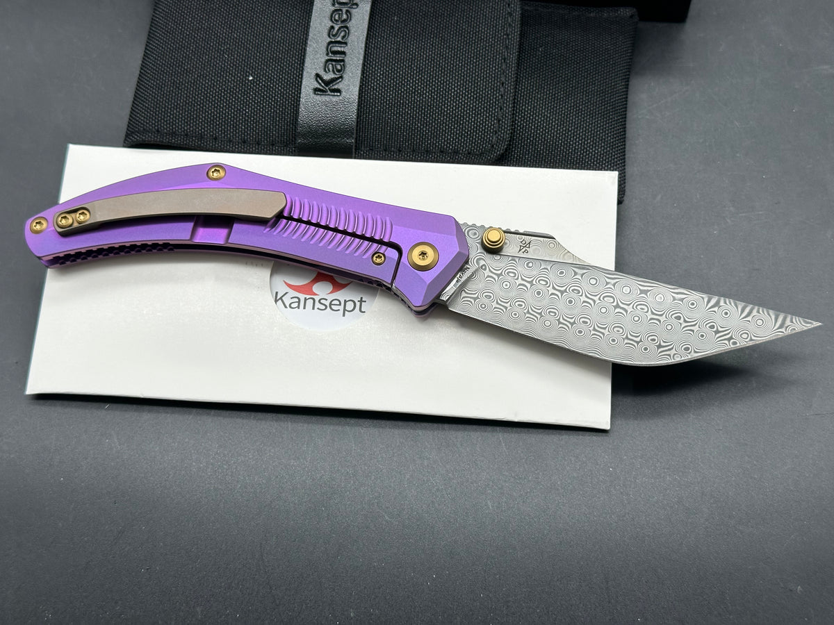 KANSEPT NAVAJA FOLDING KNIFE PURPLE ANODIZED TITANIUM HANDLE 3.6" DAMASCUS MODIFIED CLIP POINT PLAIN EDGE