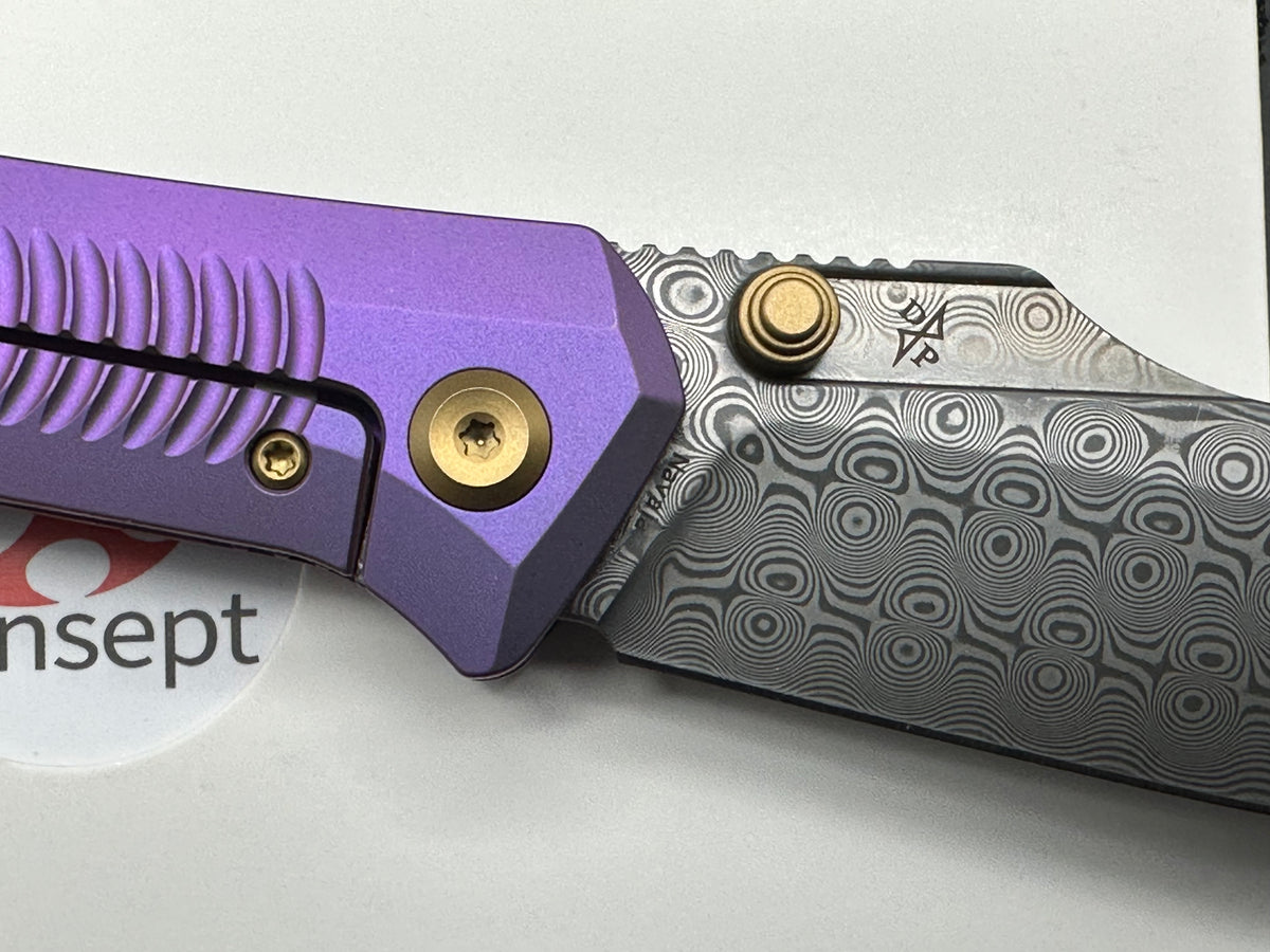 KANSEPT NAVAJA FOLDING KNIFE PURPLE ANODIZED TITANIUM HANDLE 3.6" DAMASCUS MODIFIED CLIP POINT PLAIN EDGE
