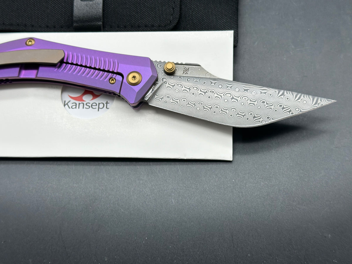 KANSEPT NAVAJA FOLDING KNIFE PURPLE ANODIZED TITANIUM HANDLE 3.6" DAMASCUS MODIFIED CLIP POINT PLAIN EDGE